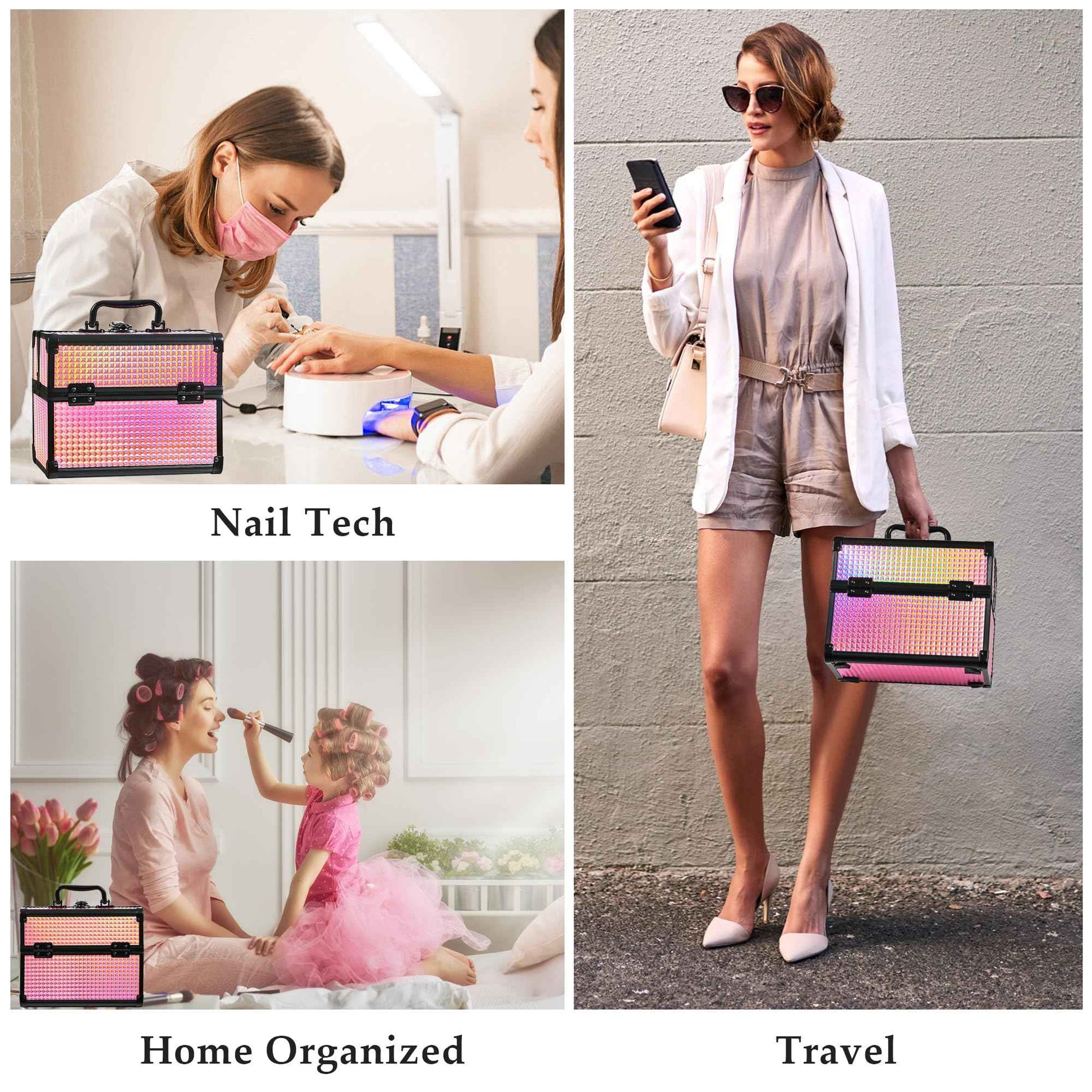 GALHUBIS Makeup Case Organizer,Makeup Train Case, Trays Cosmetic Box Portable, Profesional for Salon Barber,Black Bright Pink