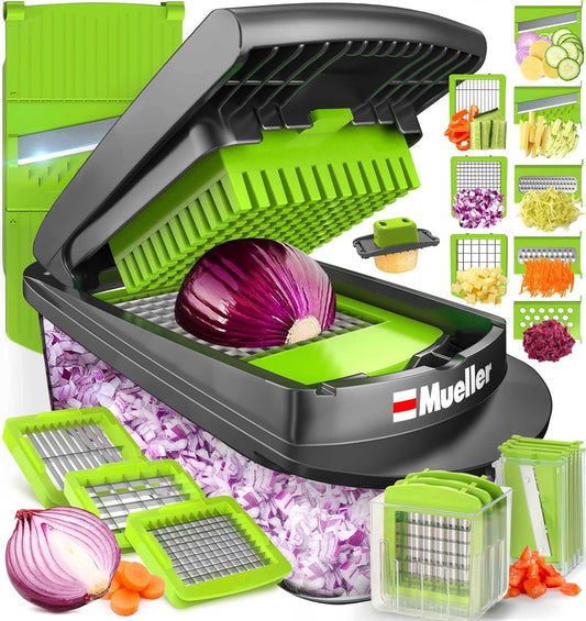 Mueller Pro-Series 10-in-1, 8 Blade Vegetable Chopper, Cutter, Dicer, Onion Mincer, Egg and Potato Slicer, Multi-Functional Kitchen Gadget for Vegetables and Salad Prep, Grey & Green