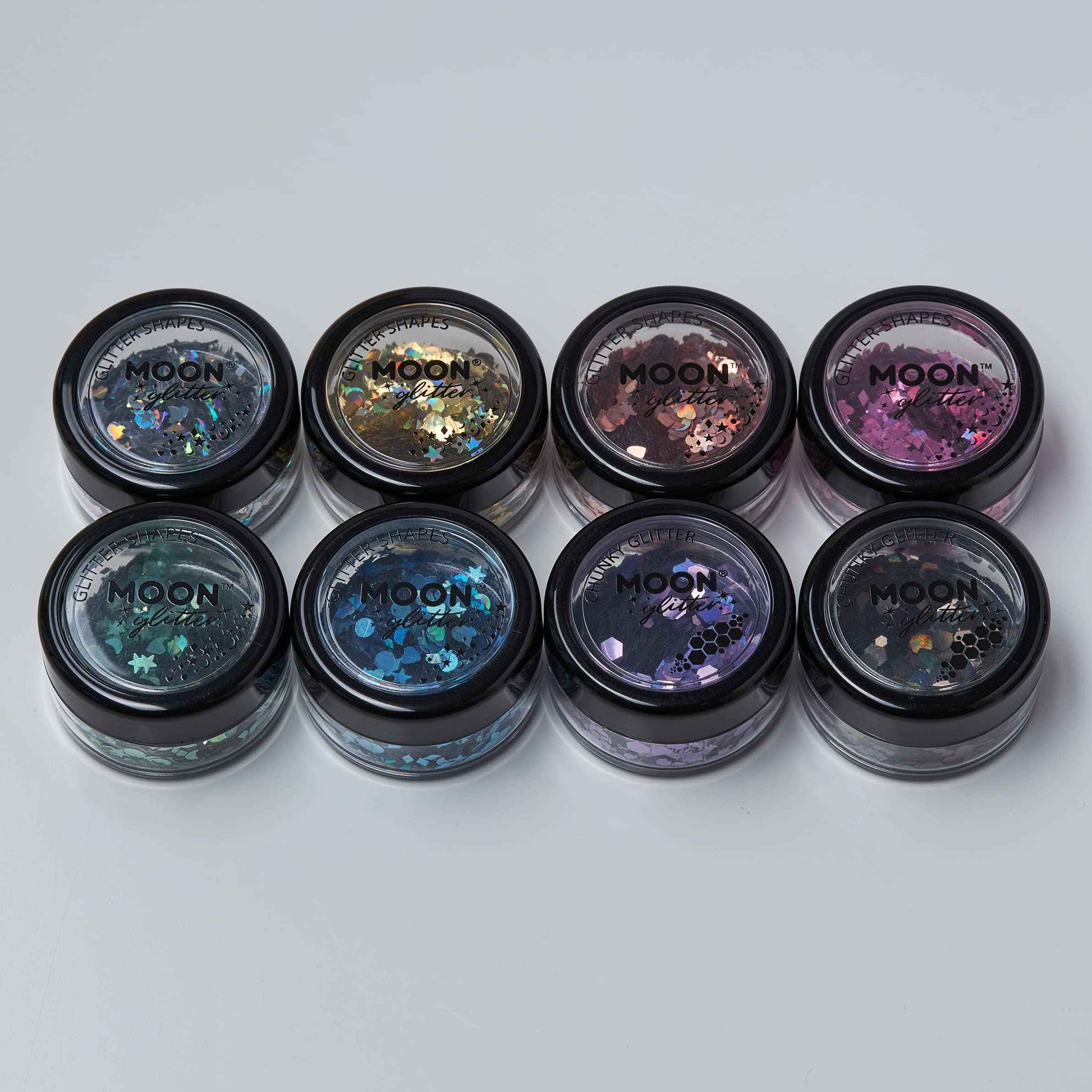 Holographic Glitter Shapes by Moon Glitter – 100% Cosmetic Glitter for Face, Body, Nails, Hair and Lips - 0.10oz - Set of 8 colours