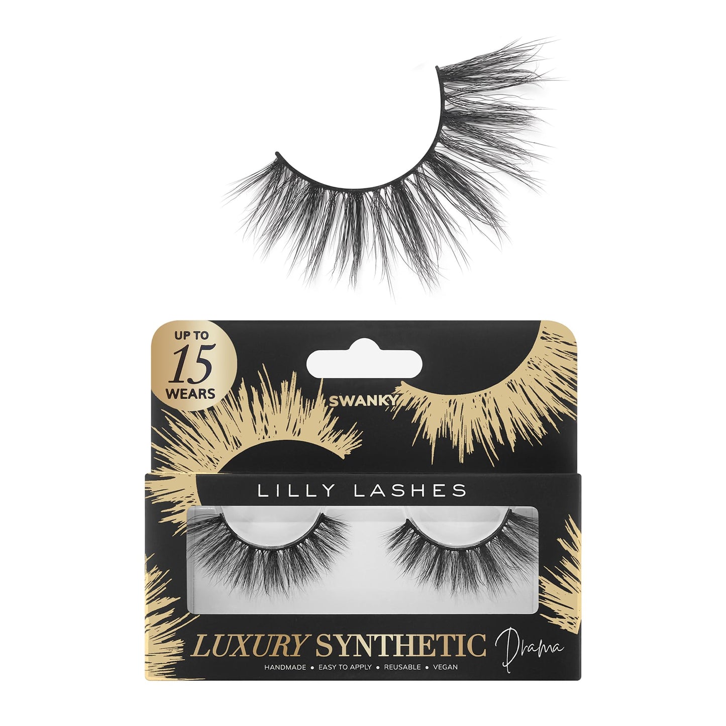 Lilly Lashes Luxury Synthetic DRAMA False Eyelashes - Full Length Lash Extension 17mm - Bold Look & Dramatic Volume - Round Shape - Reusable Fake Lashes 15x - Lash Glue not Included (Swanky)