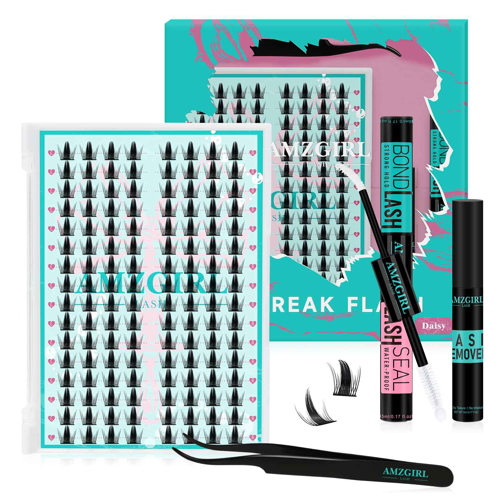 Lash Clusters Kit 128PCS Left & Right Lashes Cluster Kit with Wide Band Eyelash Clusters,White Eyelash Bond and Seal,Lash Remover and Tweezer for Cluster Eyelash Extensions(Daisy,D-12mm)