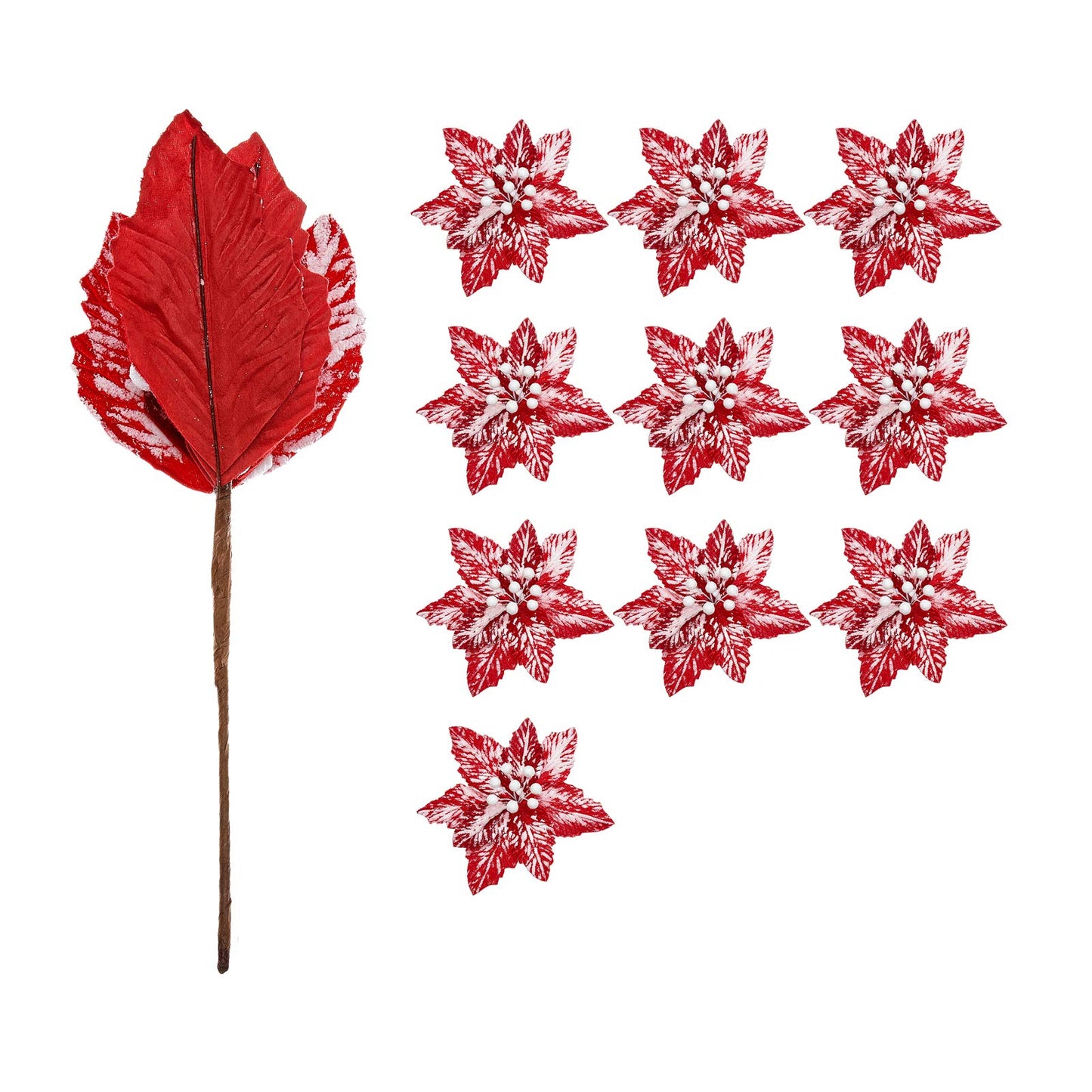 FuleHouzz 10pcs Snow Decorated Large Poinsettia Decorative Christmas Flower Stem for Christmas Tree Wreath Garland, Red/White