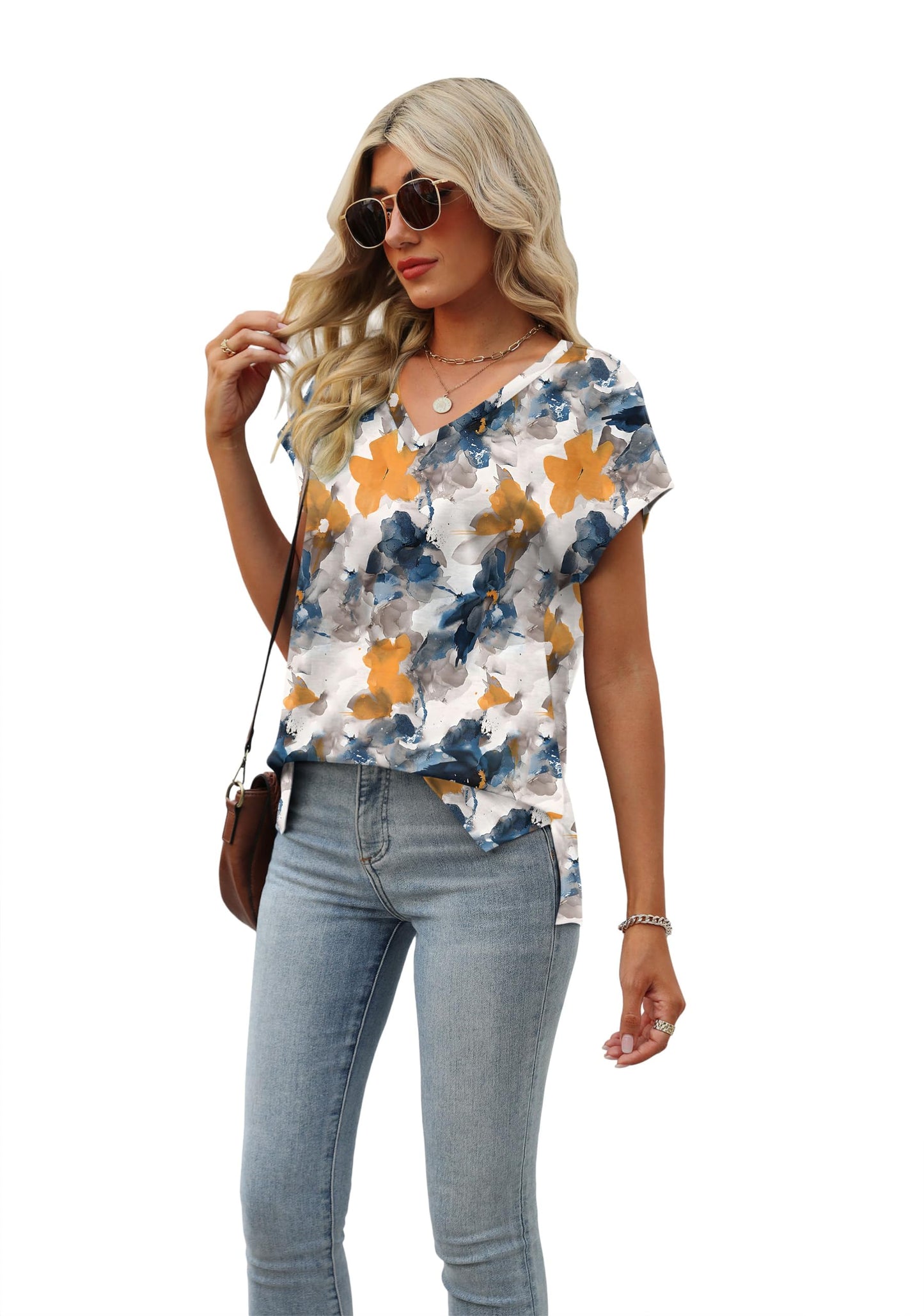 White Floral Tops for Women Dessy Casual Flower Printed V Neck Tshirts Short Sleeve Tops Print Yellow Blue Ink Flower S