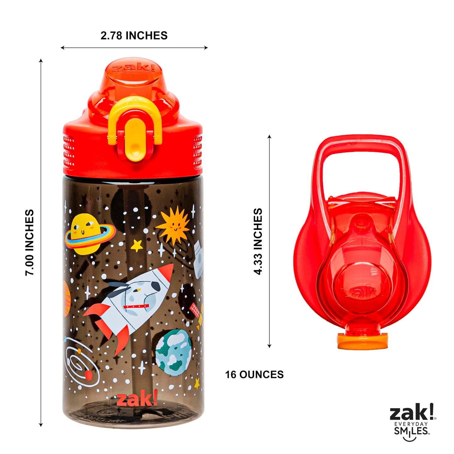 Zak Designs Sage Water Bottle For School or Travel, 16oz Durable Plastic Water Bottle With Straw, Handle, and Leak-Proof, Pop-Up Spout Cover (Spaceships)