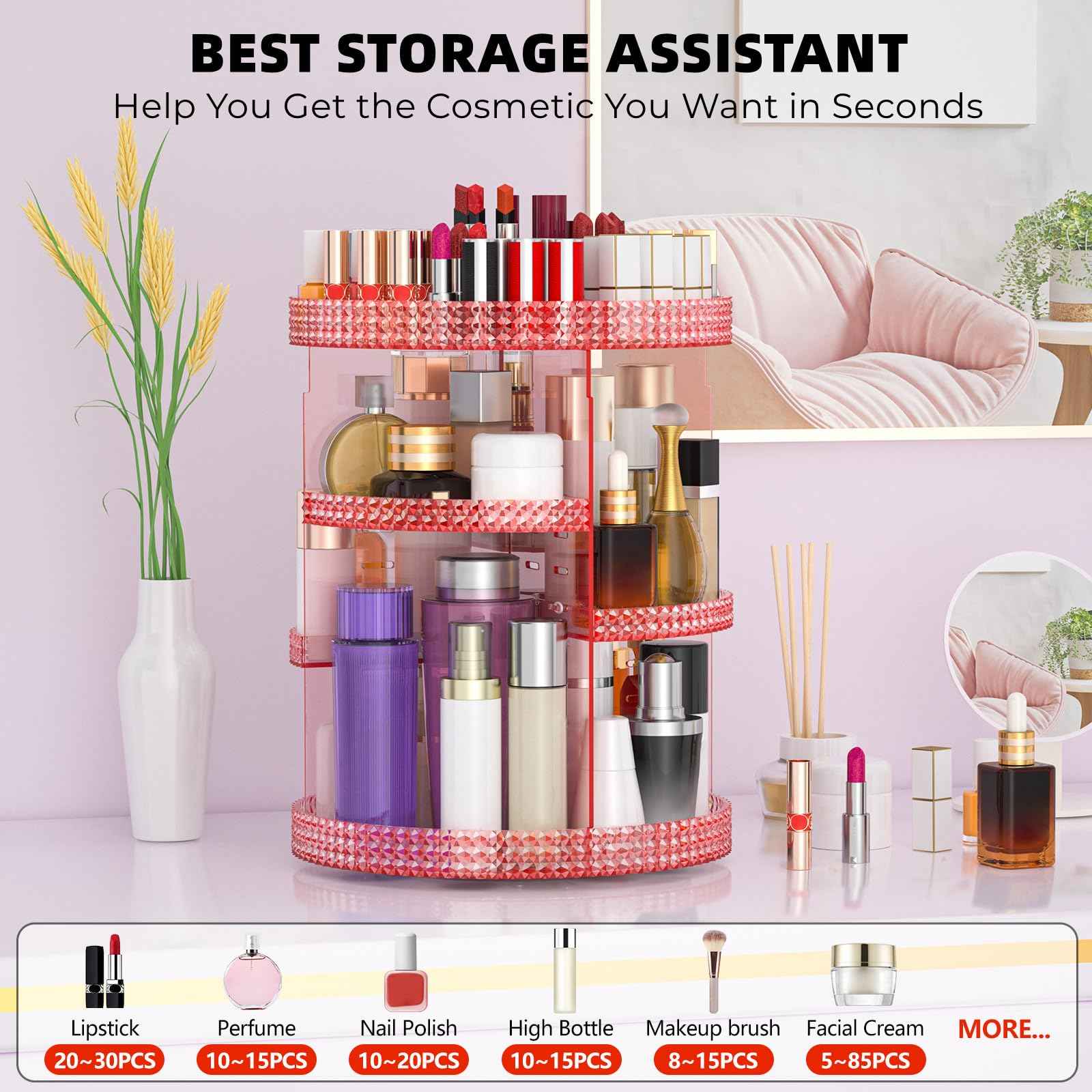 HEMTROY 360 Degree Rotating Makeup Organizer, Extra Large Capacity Perfume Holder, Removable 7 Layers Cosmetics Organizer, Make Up Organizer For Countertop Storage Skincare or More (Pink)