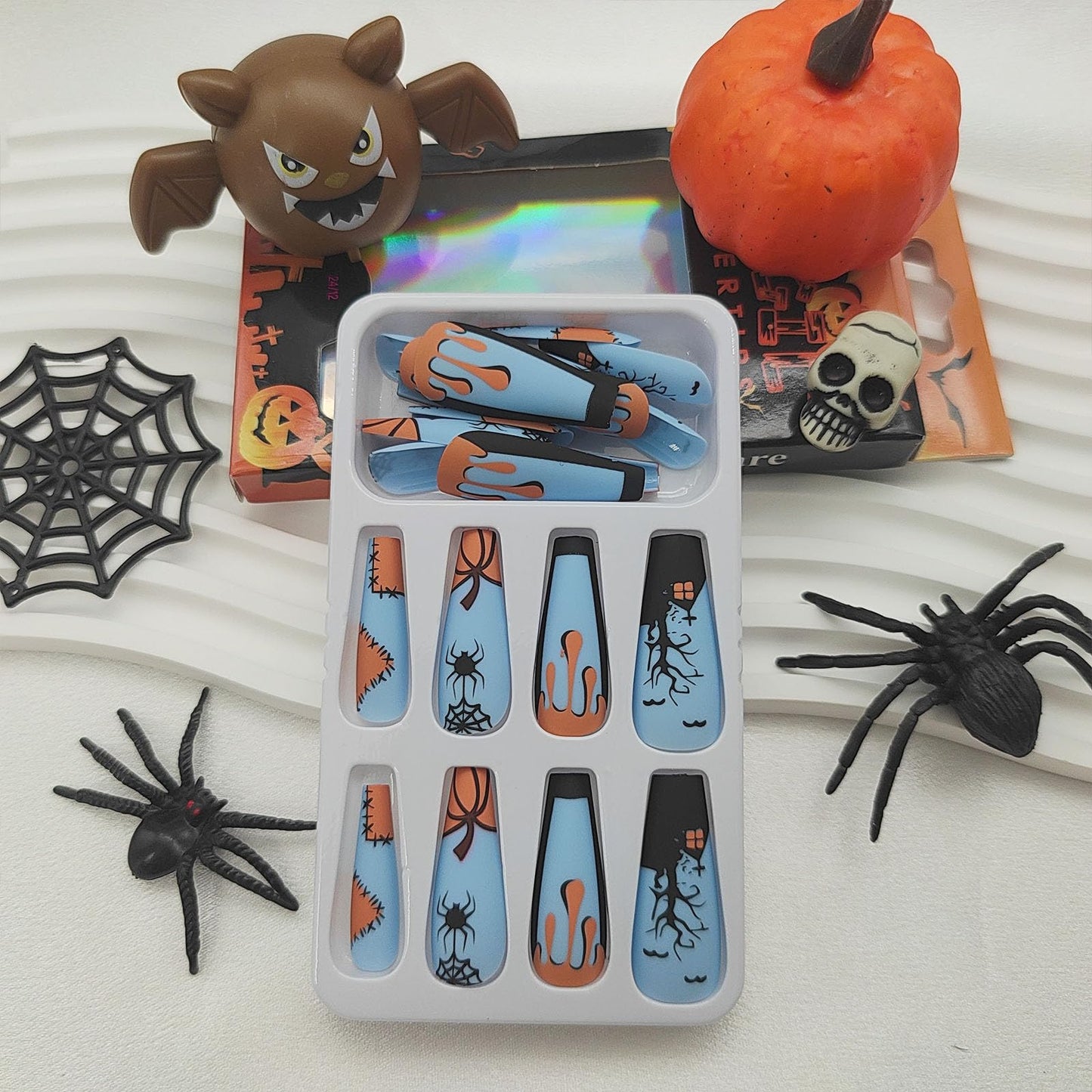 Halloween Press on Nails Long Coffin Fake Nails Matte Glue on Nails Blue Acrylic Nails with Spider Pumpkin Bat Designs Spider Web False Nails Halloween Stick on Nails for Women 24Pcs