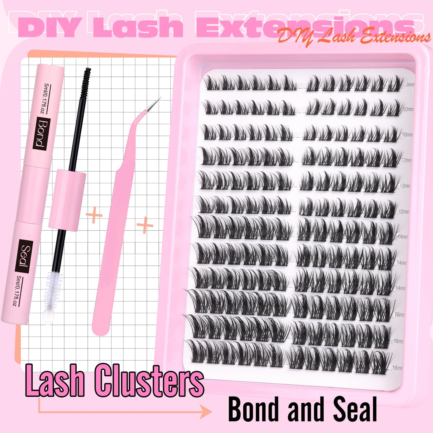 Lash Clusters Kit Fluffy Lash Extension Kit 168pcs Cluster Eyelash Extension Kit 10-16MM DIY Lash Extension Kit with Bond and Seal and Tweezers by Ruairie