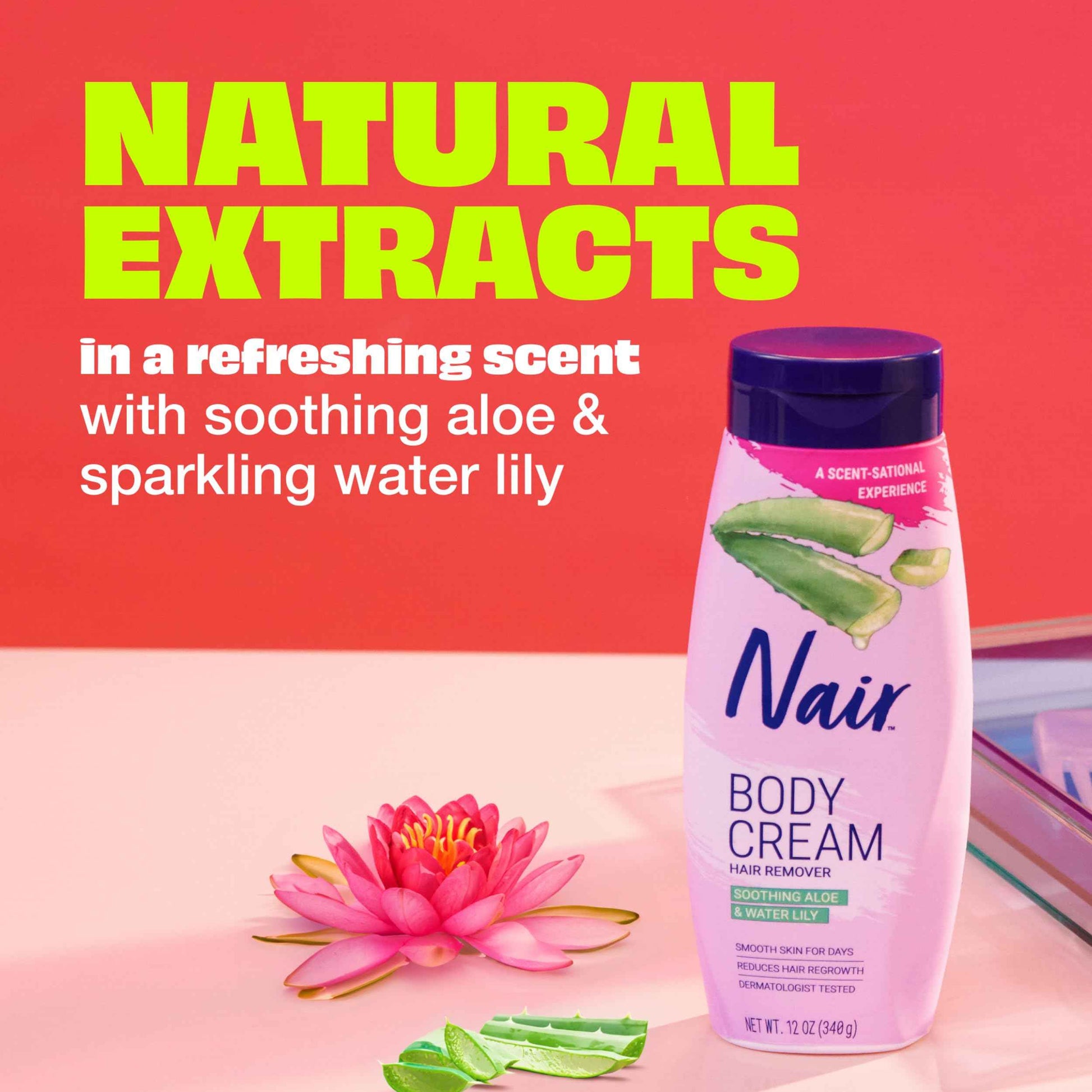 Nair Body Cream Hair Remover, Soothing Aloe and Water Lily, Dermatologist Tested Body Hair Removal Cream, with Evolved Ingredients, 12 Oz (Pack of 2)