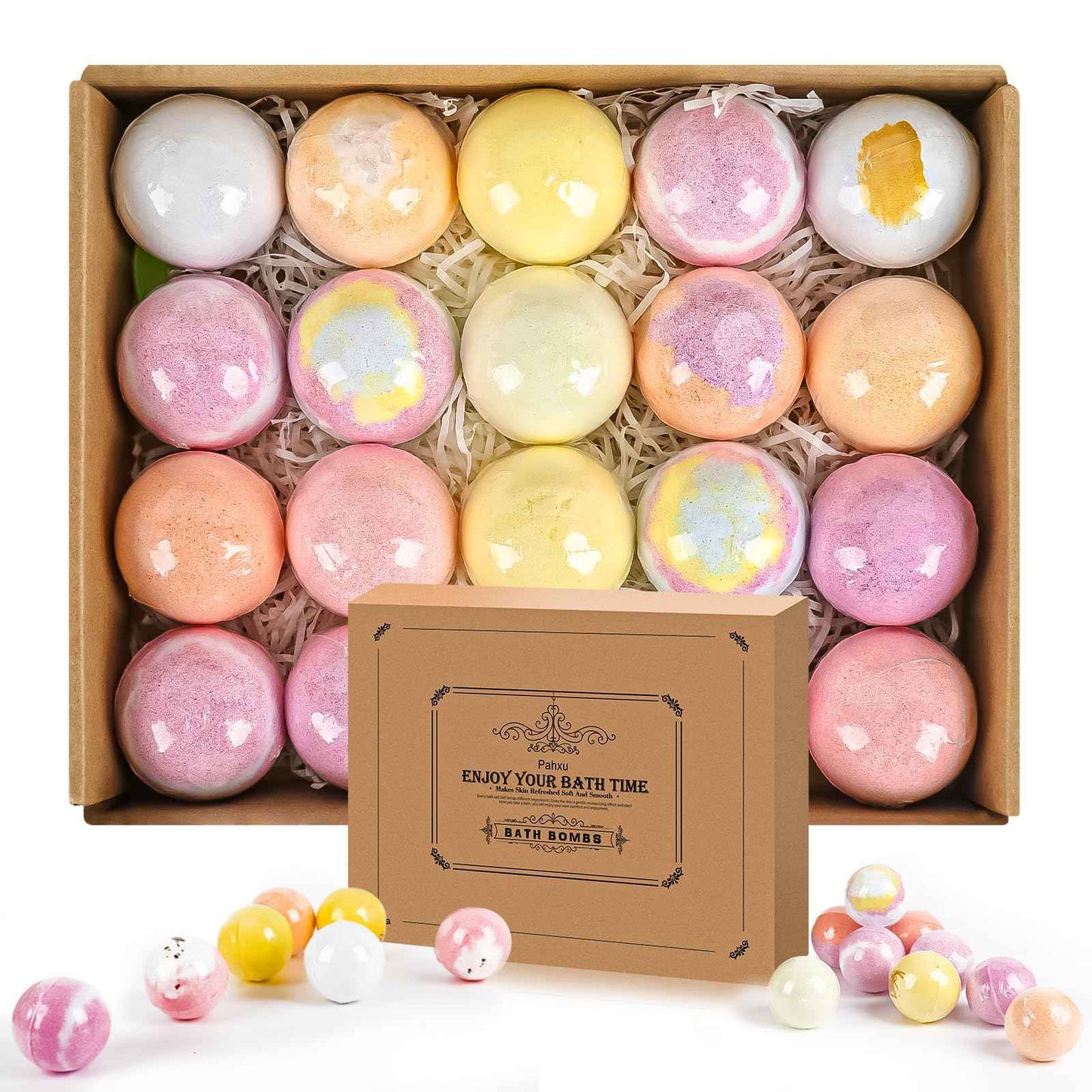 Pahxu Bath Bombs 20 PCS Set, Organic Bath Bombs with Natural and Safe Essential Oil, Handmade Rich Bubble for Skin Moisturizing, Present for Her/Him, Girls, Women, Wife, Mother