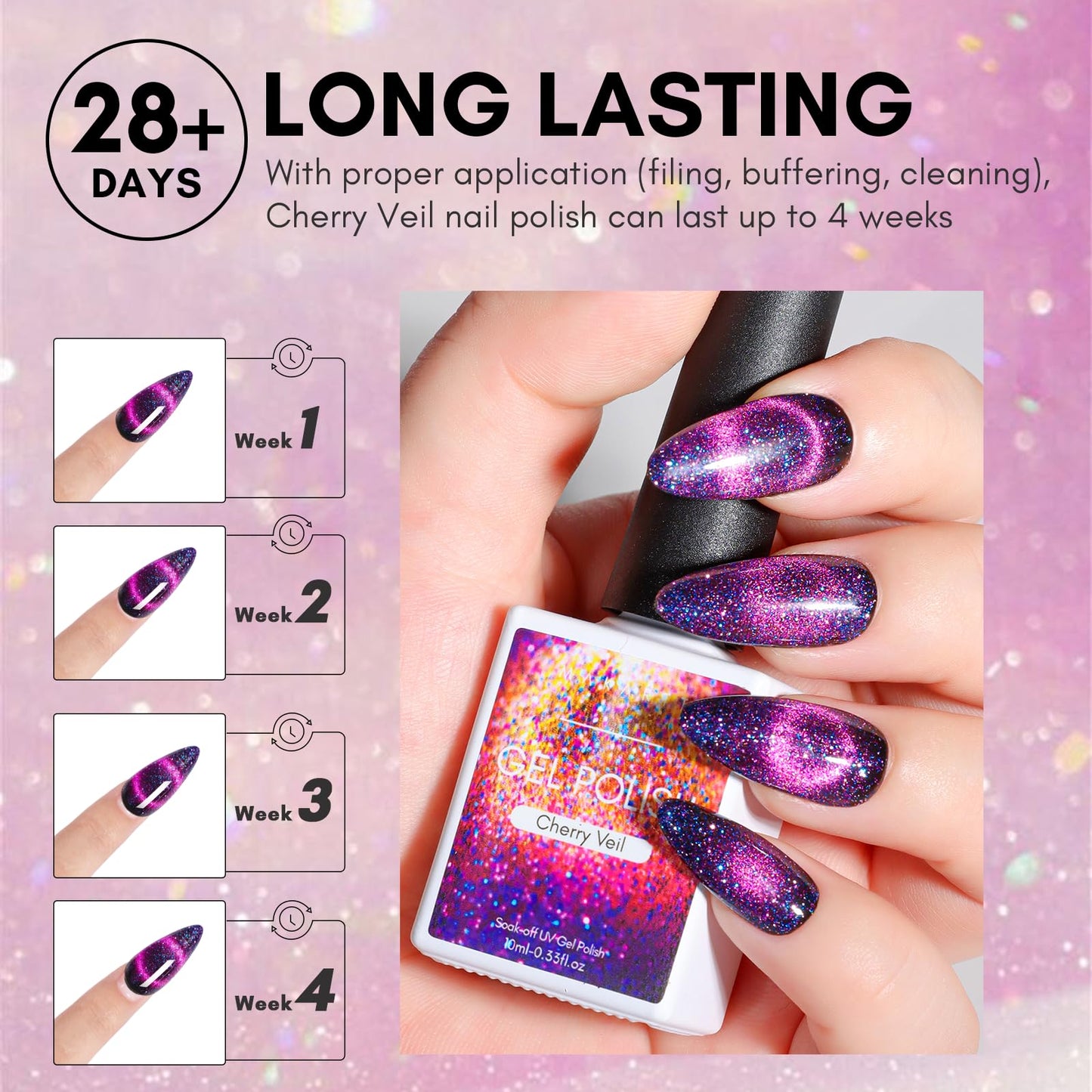 Makartt Gel Nail Polish, Black Hole Cat Eye Gel Polish 10ml Sparkly Cat Eye Glitter Spring Gel Polish with Magnet Stick Soak Off UV/LED Manicure Nail Art Designs-Cherry Veil