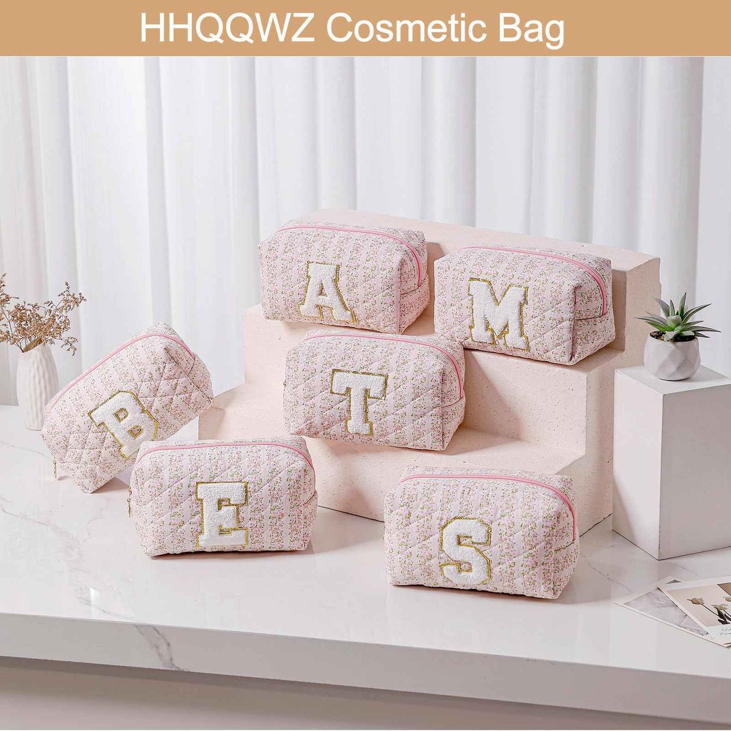 HHQQWZ Small Makeup Bag, Travel Cosmetic Bags for Women, Christmas Gifts for Girls Age 6-18, Pink Floral Zipper Makeup Pouch, Alphabet Make up Organizer Case, Travel Essentials Trendy Stuff (Pink T)