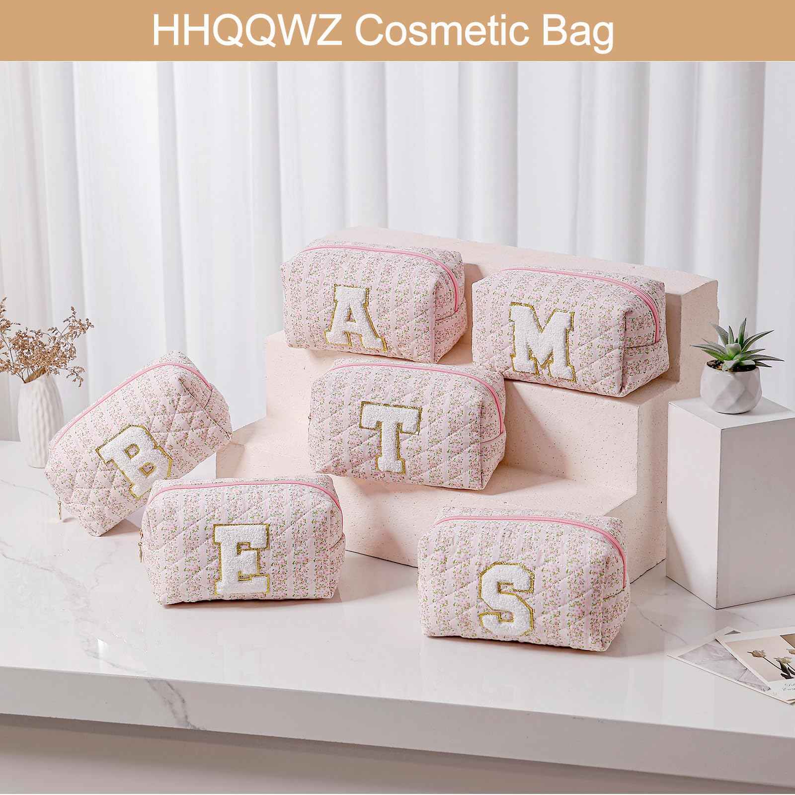 HHQQWZ Small Makeup Bag, Travel Cosmetic Bags for Women, Christmas Gifts for Girls Age 6-18, Pink Floral Zipper Makeup Pouch, Alphabet Make up Organizer Case, Travel Essentials Trendy Stuff (Pink T)