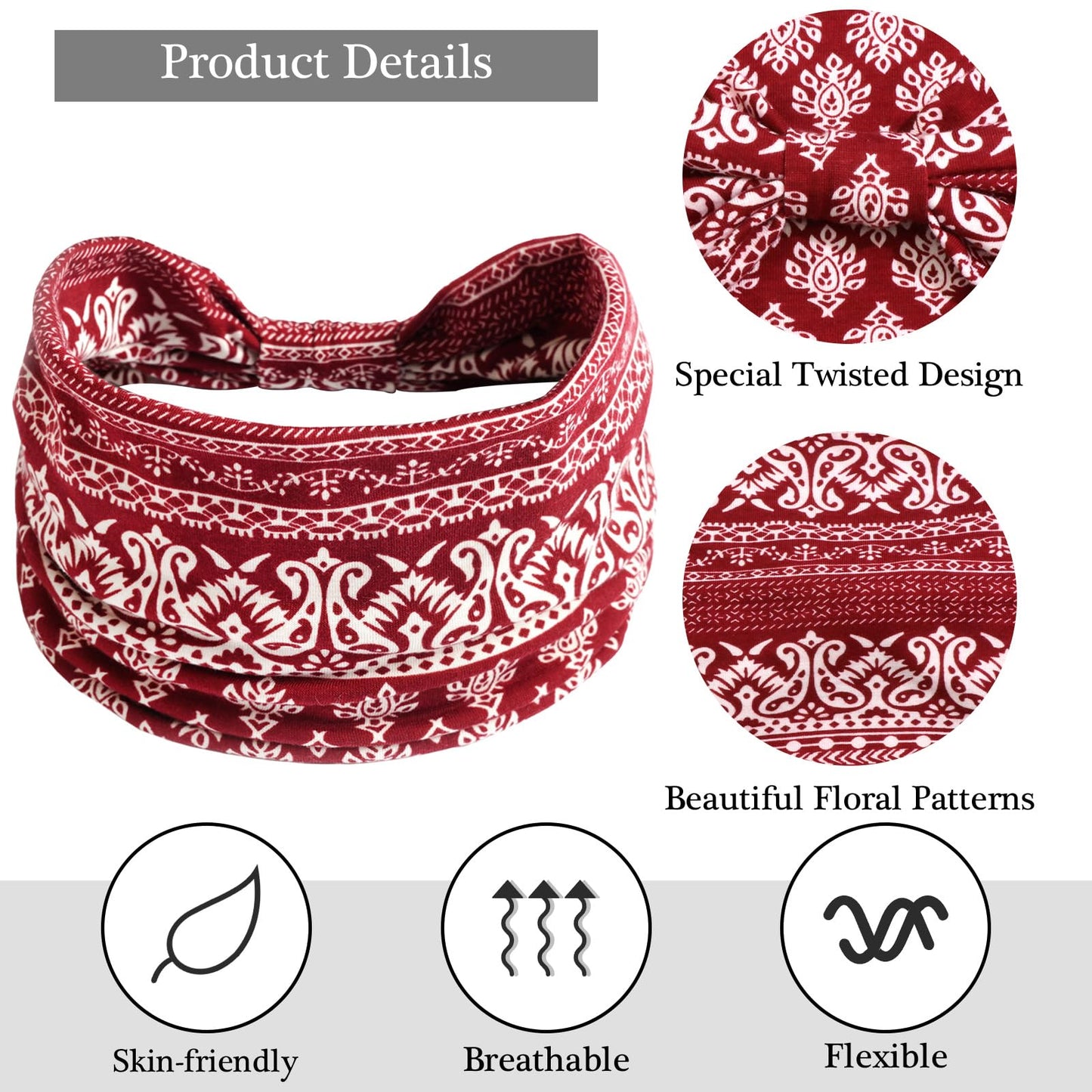 SAWINDA Wide Headbands for Women Boho Floral Print Twist Knot Womens Head Bands Elastic Non-Slip Hair Bands for Women's Hair African Style Daily Life Yoga Sports Cloth Hair Wraps 3 Pack