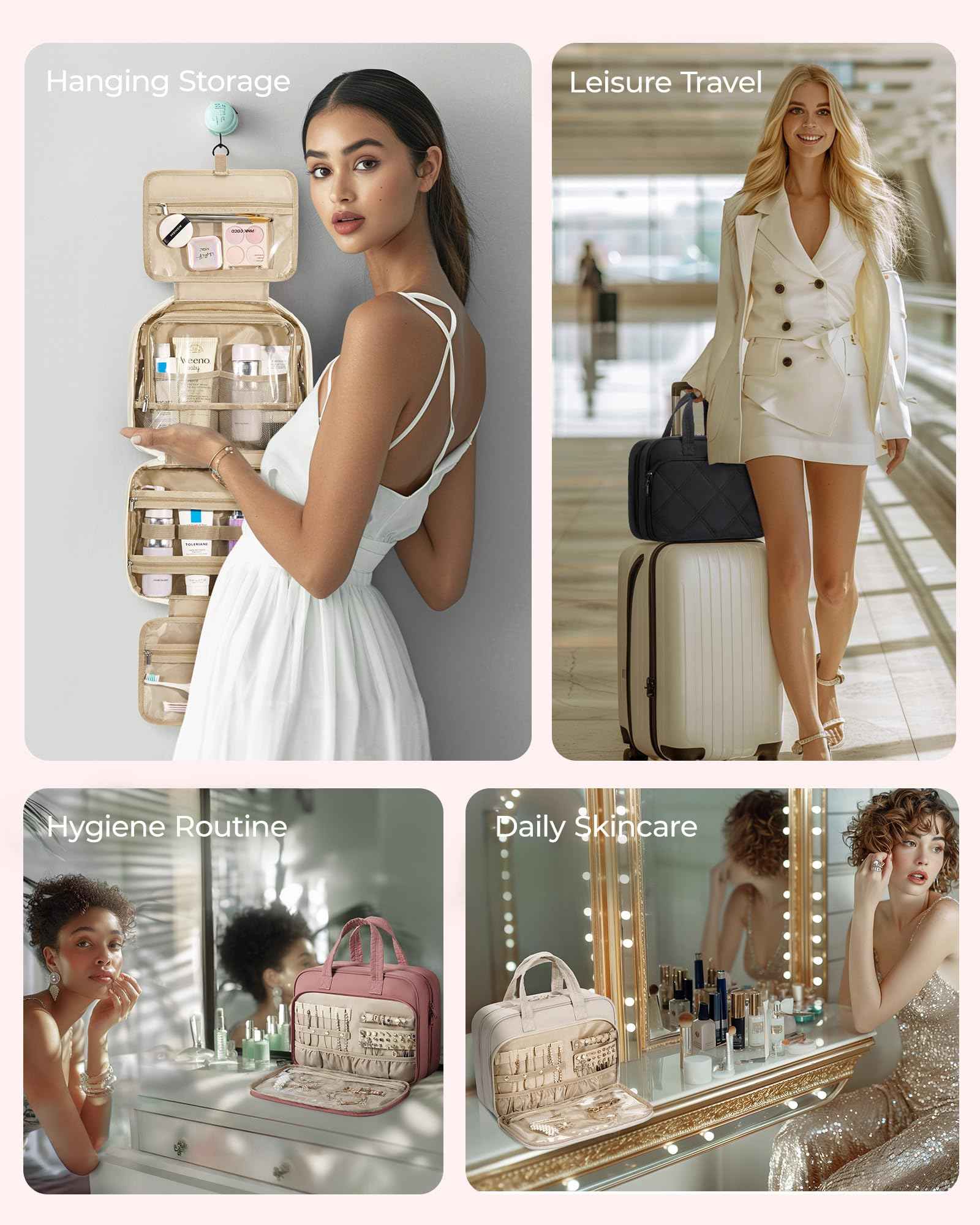 BAGSMART HangingToiletry Bag for Women, Puffy Travel Toiletry Bag with Jewelry Organizer, Waterproof Cosmetic Makeup Bag Compartment, Toiletries Kit Set for Traveling, Accessories, Essentials (M)