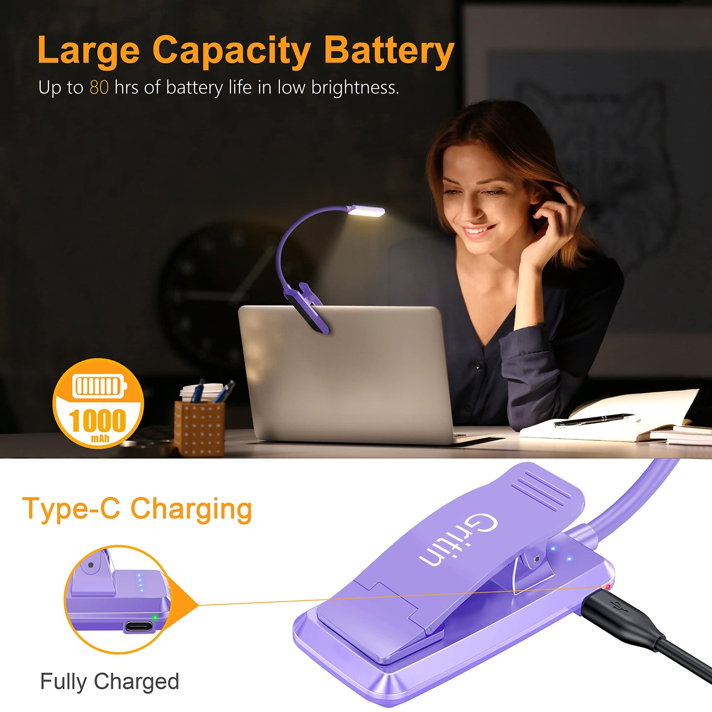 Gritin 9 LED Rechargeable Book Light for Reading in Bed - Eye Caring 3 Color Temperatures,Stepless Dimming Brightness,80 Hrs Runtime Small Lightweight Clip On Book Reading Light for Studying-Purple