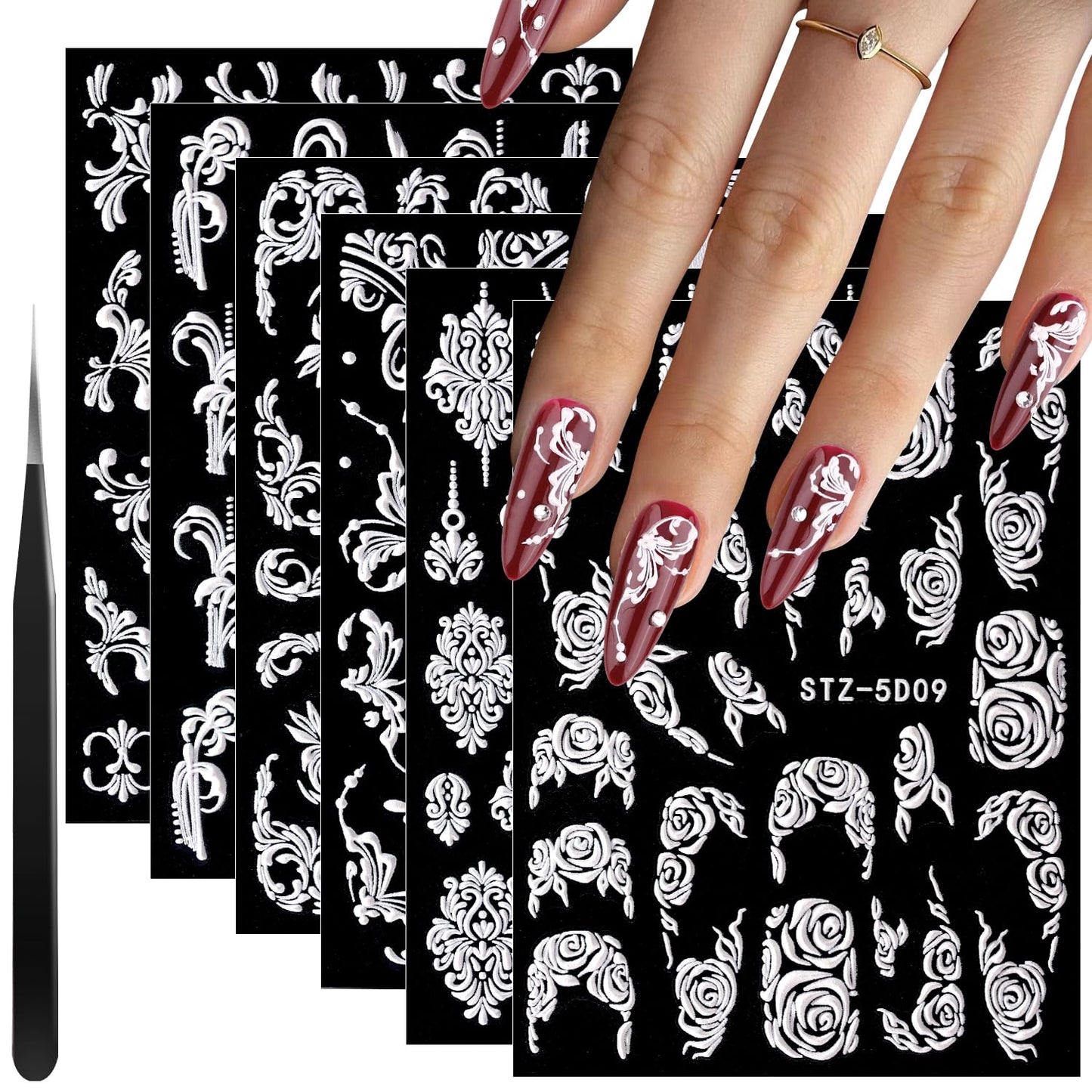 6 Sheets 5D French Lace Nail Art Stickers, Embossed Nail Decals with Tweezer, 3D Self Adhesive Classic White Lace Retro Flower Rose Vine Acrylic Nail Accessories for Wedding French Tips Design Set-1