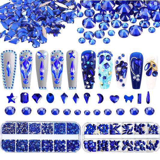 BELICEY Nail Art Rhinestones Blue Flatback Round Rhinestones Charms Nail Gem Stones with K9 Bling Glass Crystals Diamonds Jewelry for Nail Design DIY Crafts Face Decoration