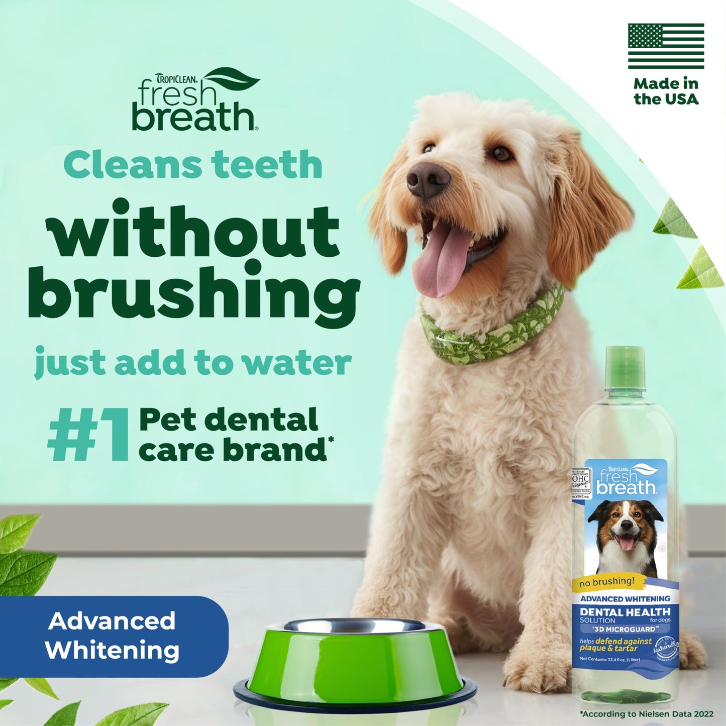 TropiClean Fresh Breath Advanced Whitening with 3D MICROGUARD | Dog Breath Water Additive | Dental Care | Dog Breath Freshener | Simple Pet Teeth Cleaning | Made in USA | 33.8 oz