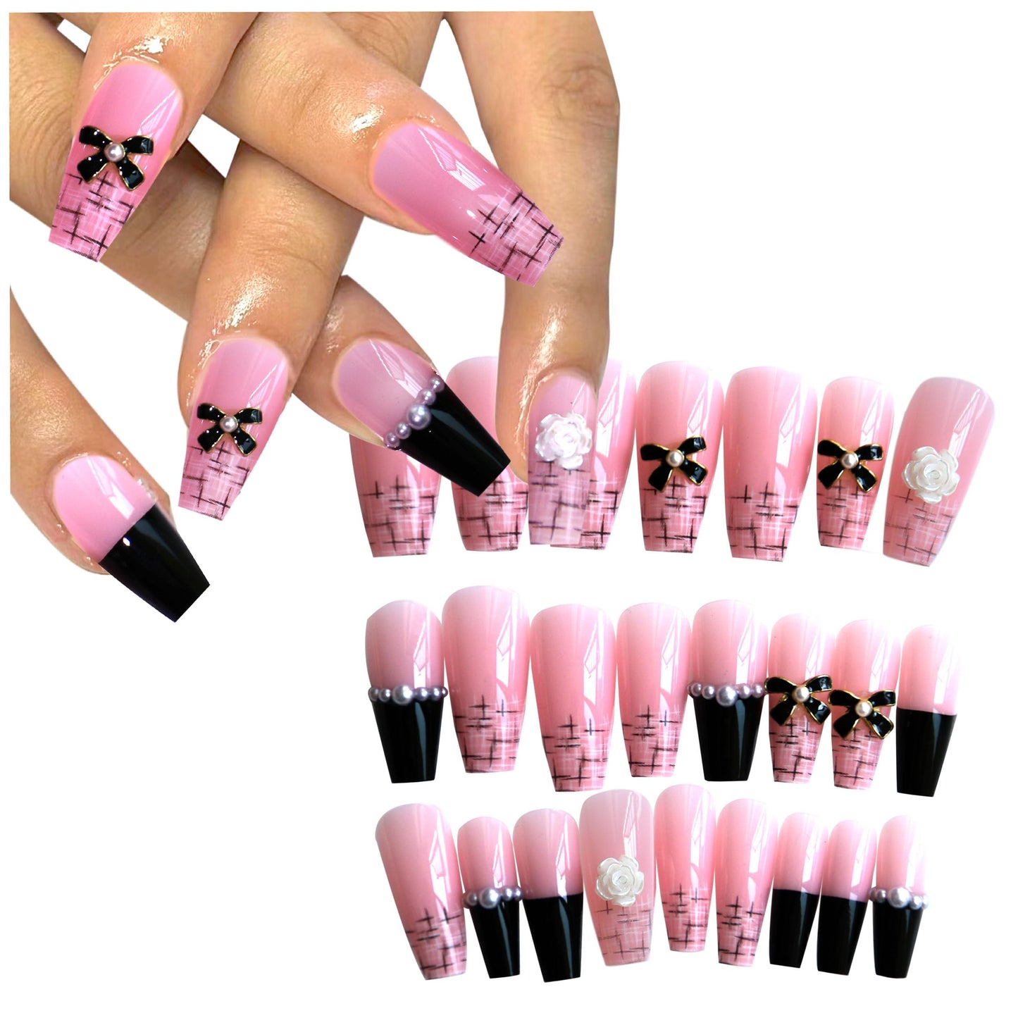 Black Bowknot Press on Nails Kit Floral French Tip Nails Pearl CC Press Ons Medium Pink Fake Nails Square