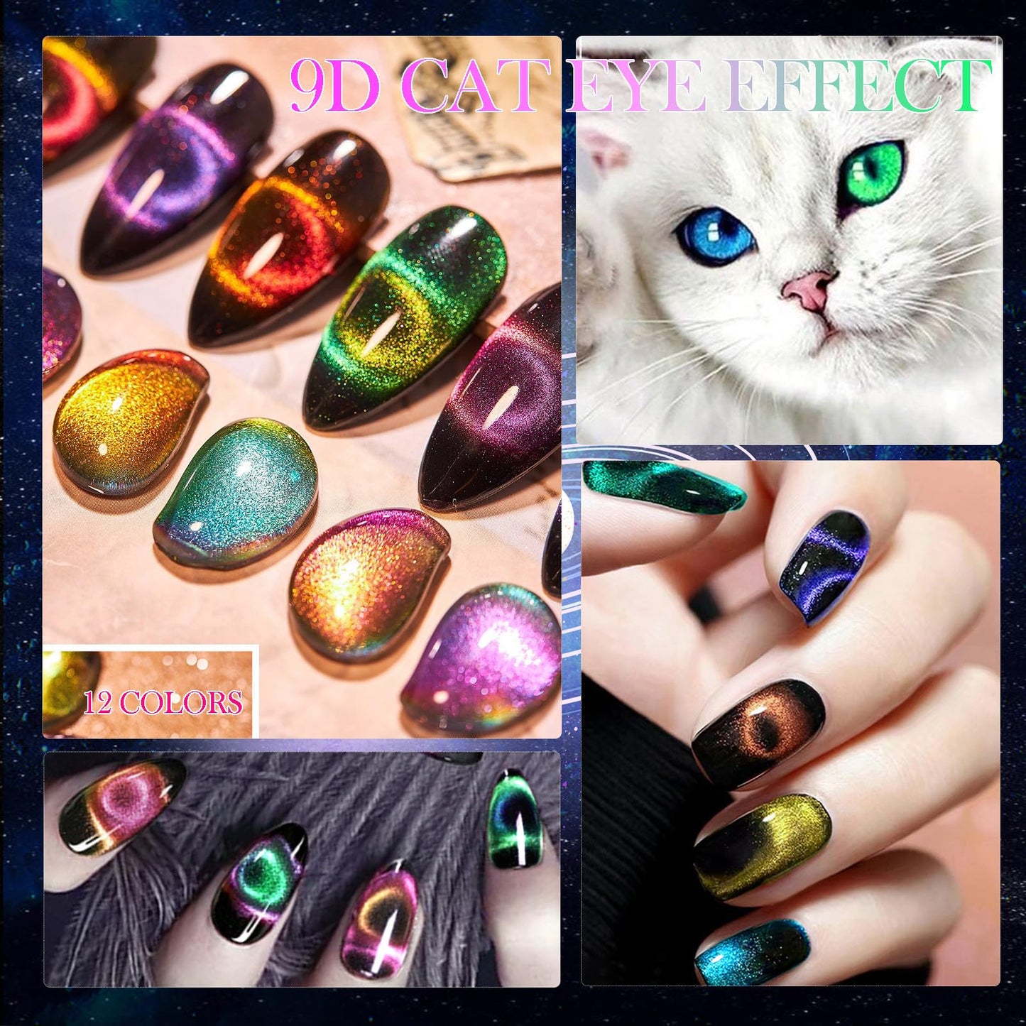 YEPYEPGO 9D Cat Eye Gel Nail Polish Set 12 Colors, Cat Eye Gel Polish with Magnet, Magnetic Cateye Gel Chameleon Galaxy Effects Professional Use for Salon