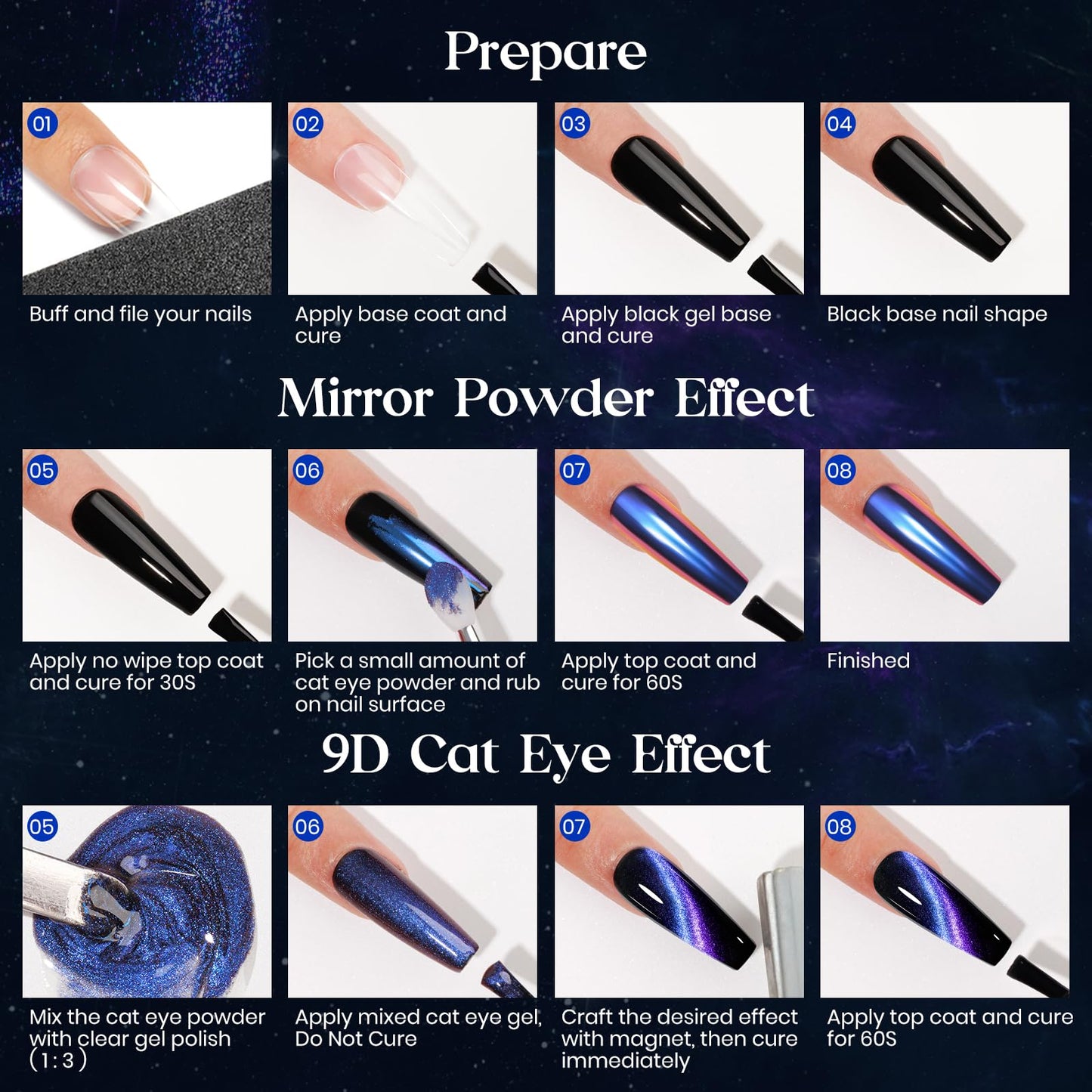 MIZHSE 9D Cat Eye Chrome Nail Powder Mirror Effect Blue Magnetic Glitter Pigment Powder for Gel Nails Chameleon Cateye Magic Galaxy Nail Art Powder with Magnet