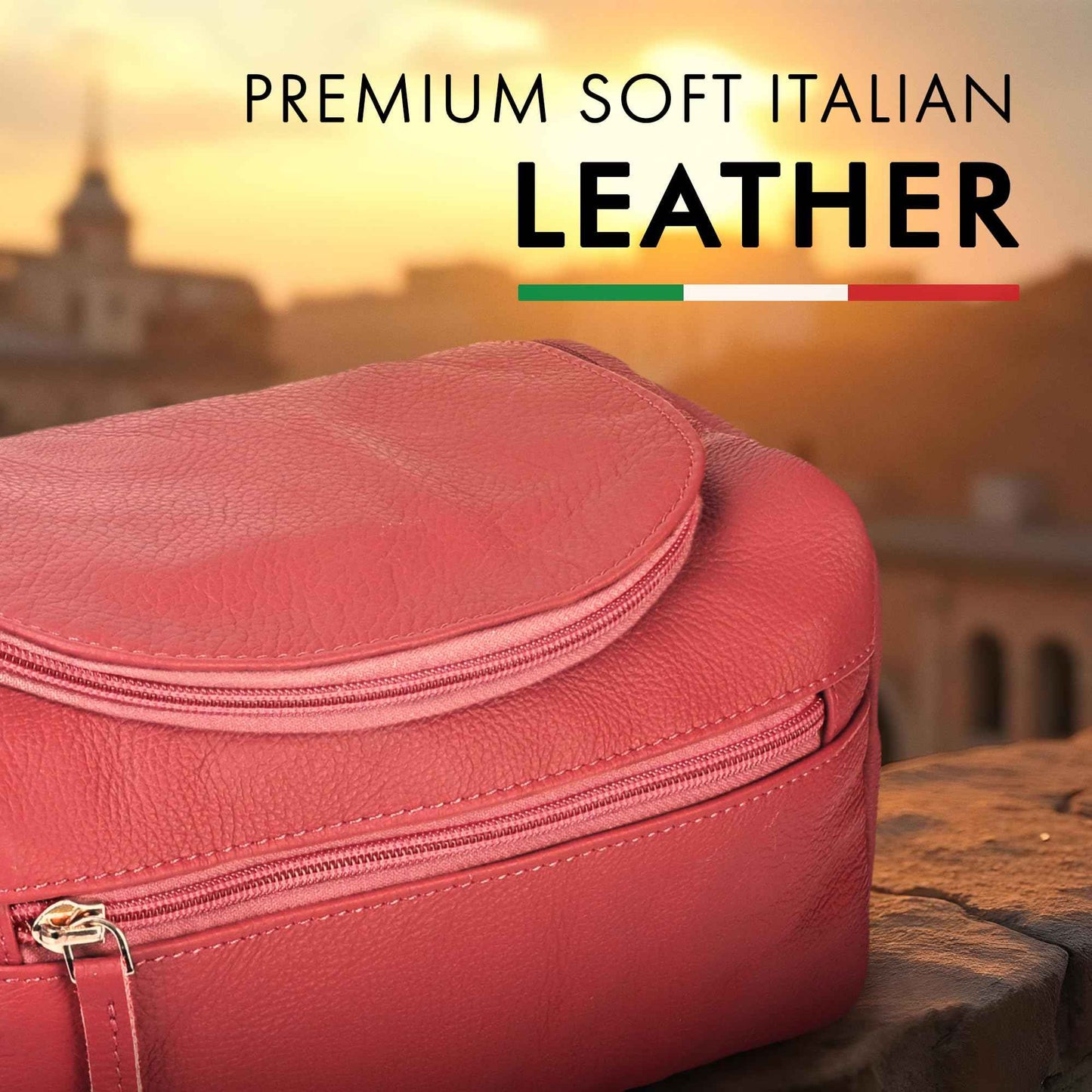 ELIZO Premium REAL Leather Toiletry Bag for Men Dopp Kitt Hanging Mens Toiletry Large TSA Toiletries Bag Shaving Grooming Bag Organizer Espresso (Pink, Large)