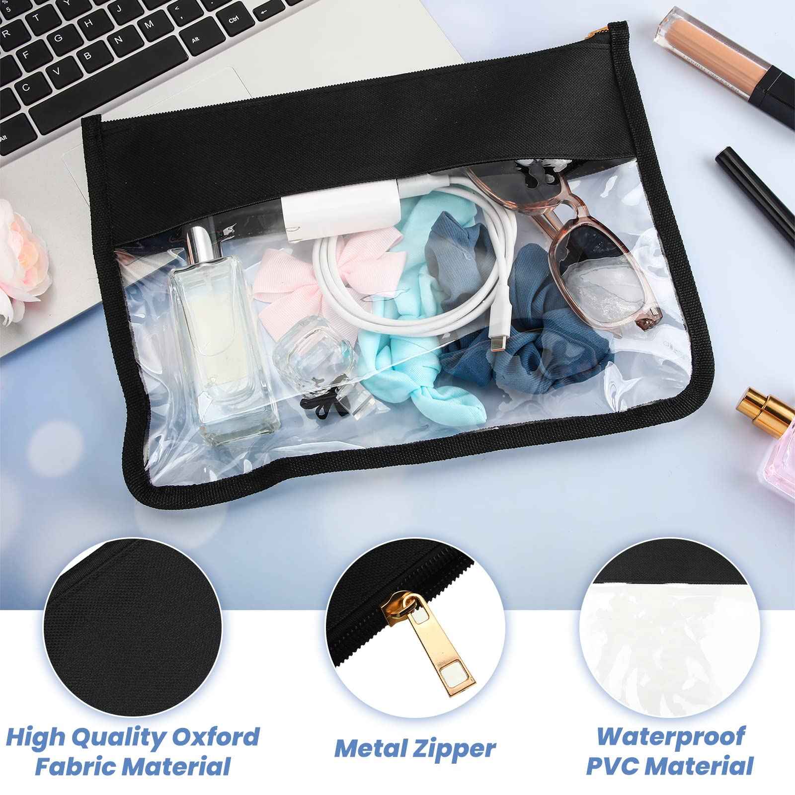 Teling 8 Pieces Clear Makeup Bags DIY Chenille Letter Pouch Clear Zipper Pouches Travel PVC Oxford Cloth Cosmetic Portable Waterproof Makeup Storage Bag Toiletry Snack Organizer for Women Girls, Black