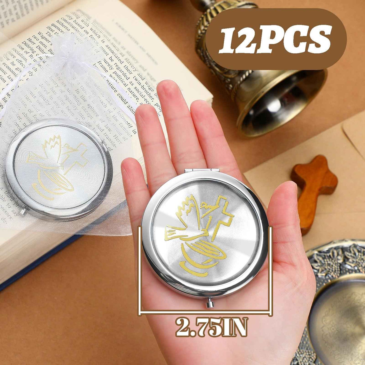 Yerliker 12 Pcs Baptism Compact Mirror Favor Bautizo Recuerdos First Communion Come with Organza Bags Bautizo Recuerdos Holy Spirit Dove Design Compact Mirror Christening Religious Gift for Guest