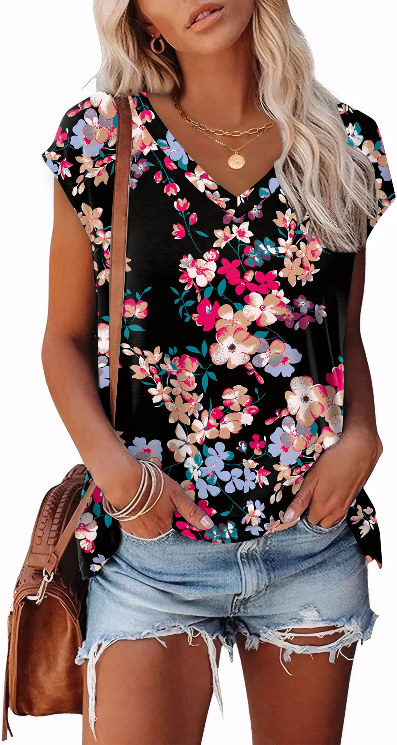 Tshirts Shirts for Women Floral Vacation Summer Tops Short Sleeve Blouses Print Black Floral S