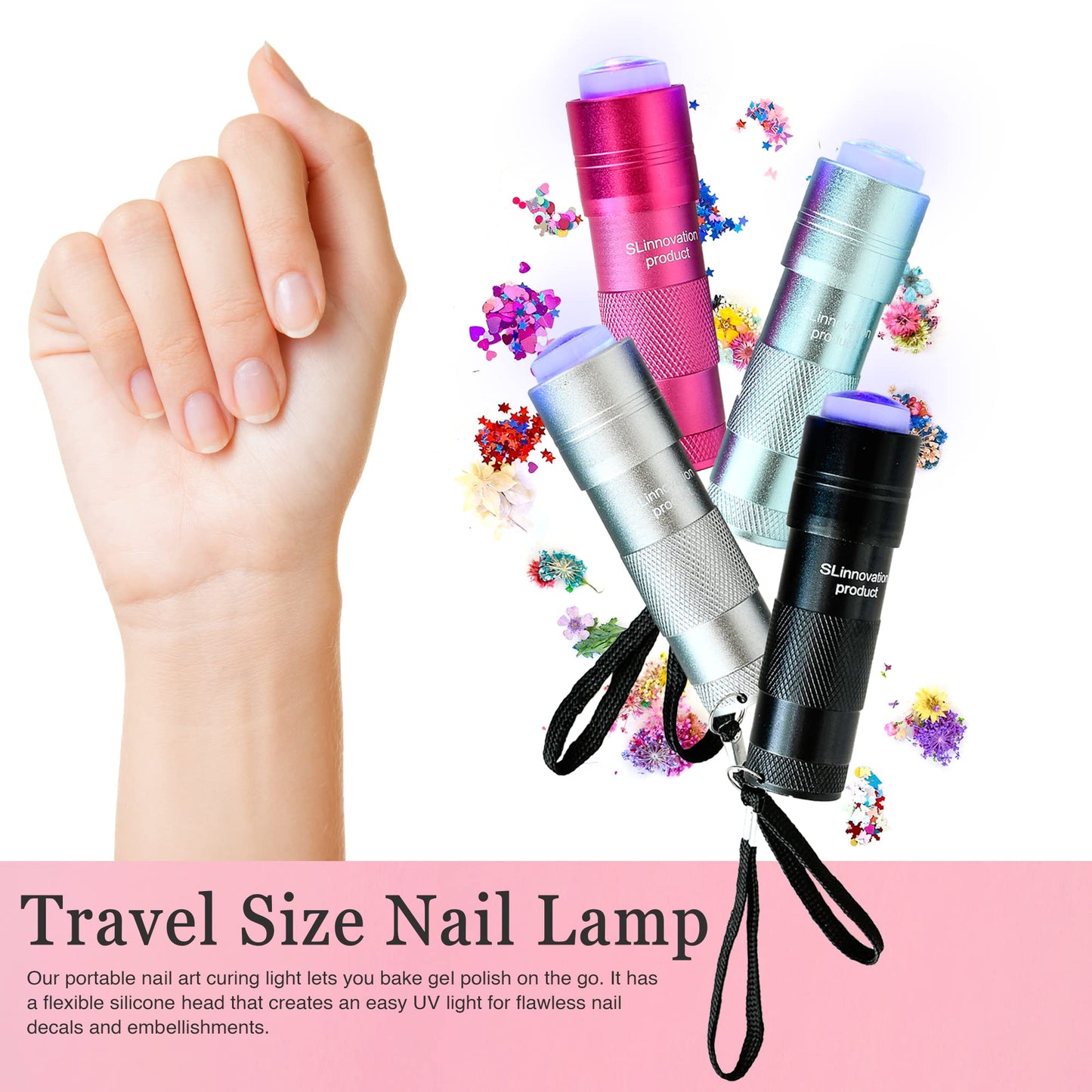 SLinnovation Mini UV Nail Light - Handheld Flash Curing for Gel Nail Art with Silicone Nail Stampers - Portable LED Stamper Light, Efficient, and Stylish in Black