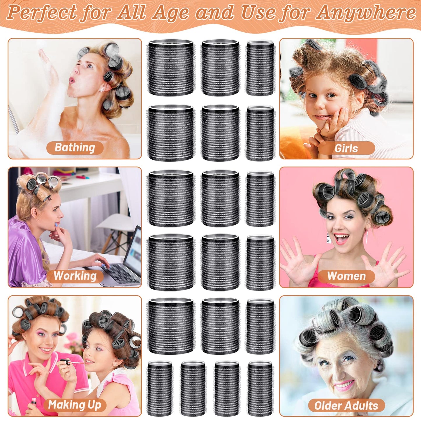 Cludoo Jumbo Hair Curler Rollers 24PCS Heatless Hair Roller with 12PCS Clips, 4 Sizes（Jumbo Large Medium Small）Self Grip Holding Hair Rollers for Long Medium Short Thick Fine Volume Thin Bangs Hair