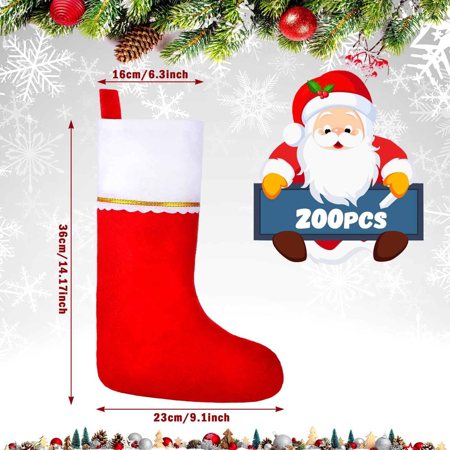 200 Pcs Red Felt Christmas Stockings 14inch Party Favors Stockings Xmas Decoration Stockings Rustic Christmas Santa Stockings Red and White Fireplace Socks for Christmas Tree and Holiday Accessory