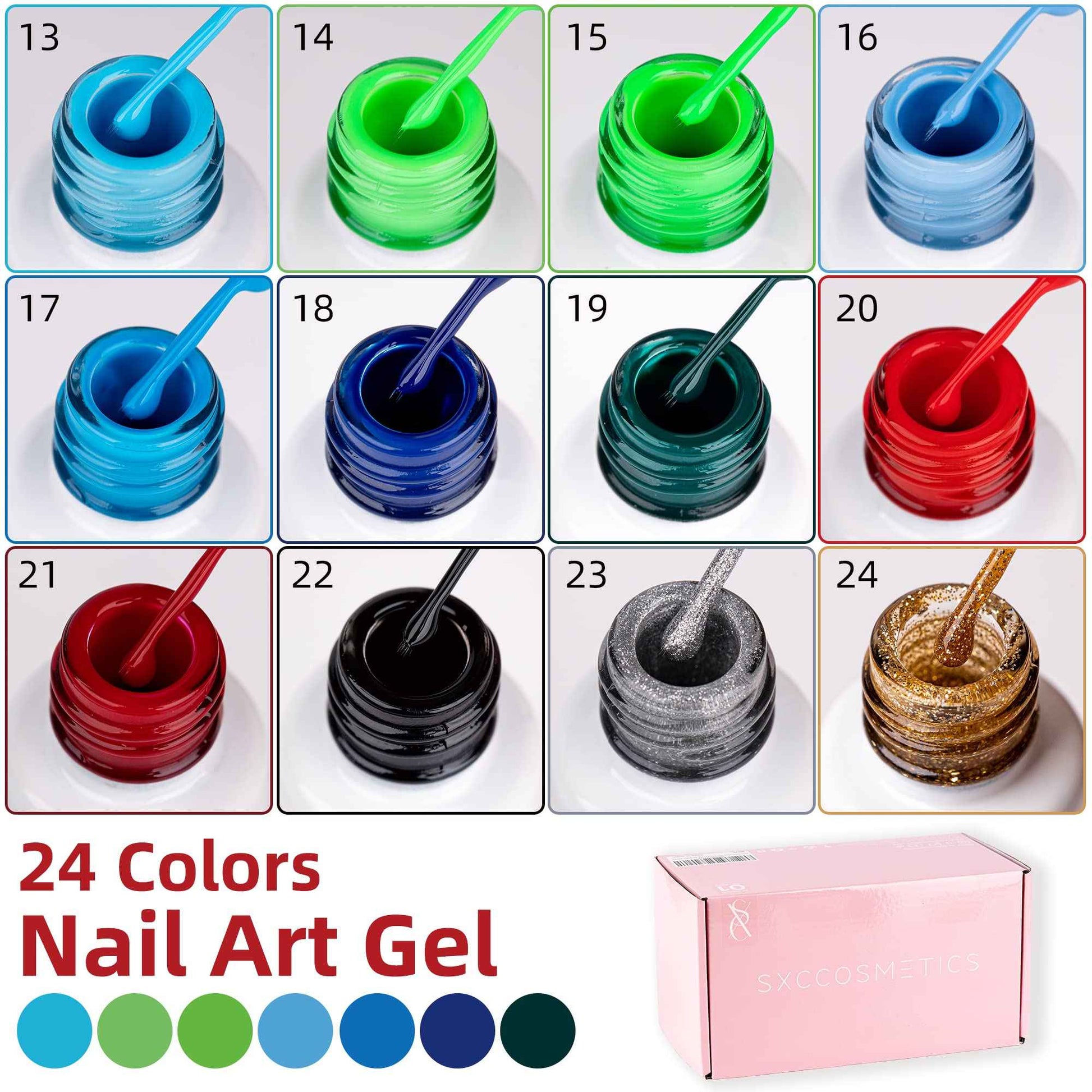 SXC Cosmetics 24-Color Gel Liner Set for Nail Art - With Built-in Thin Brush for Swirl Nail Designs and Soak-Off Gel Polish