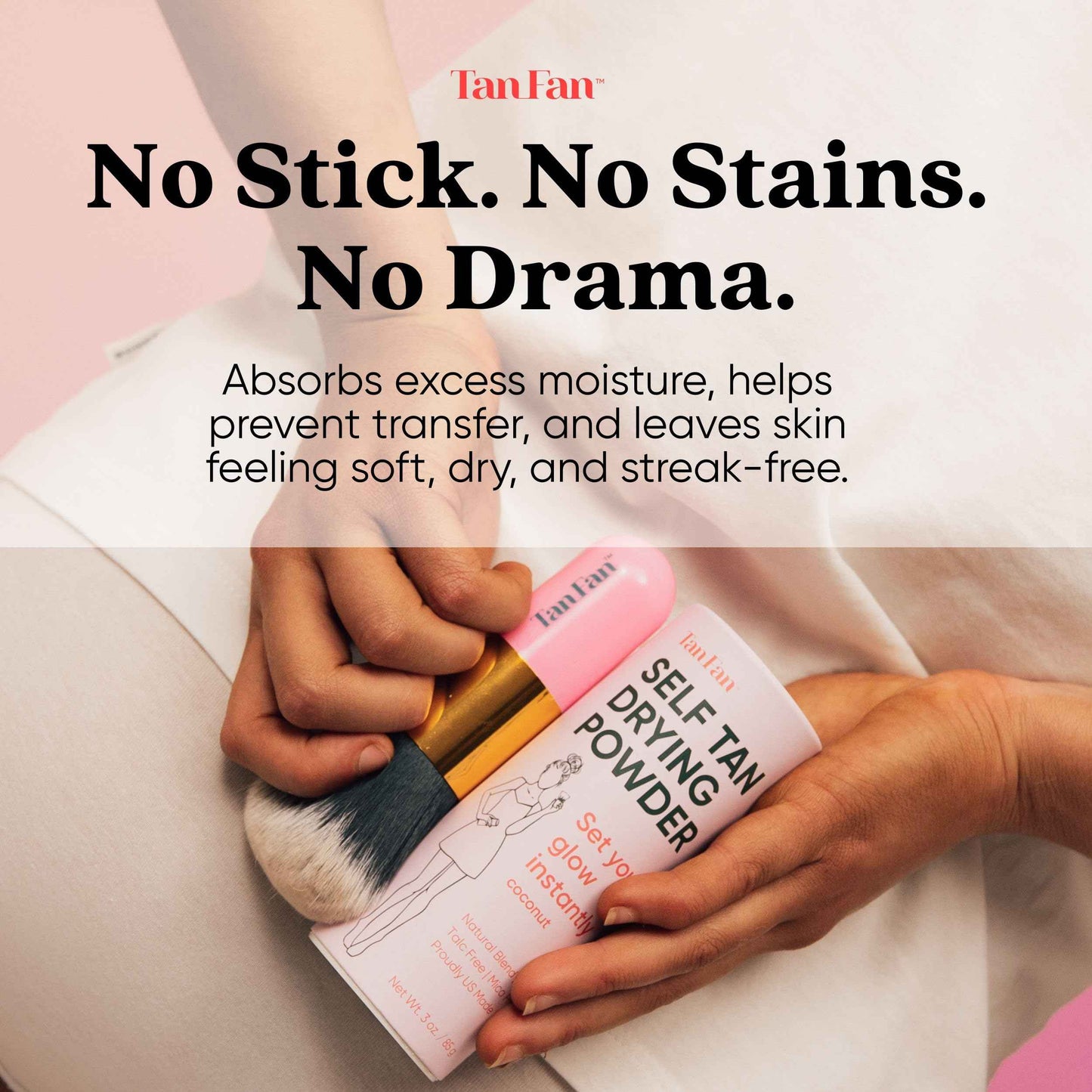 Tan Fan Self Tan Drying Powder - Stops Sticky Feeling After Sunless Tanner - 100% Vegan Talc-Free Translucent Loose Setting Powder In Shaker Bottle For Smooth Silky Skin - USA Made (Coconut 3oz)