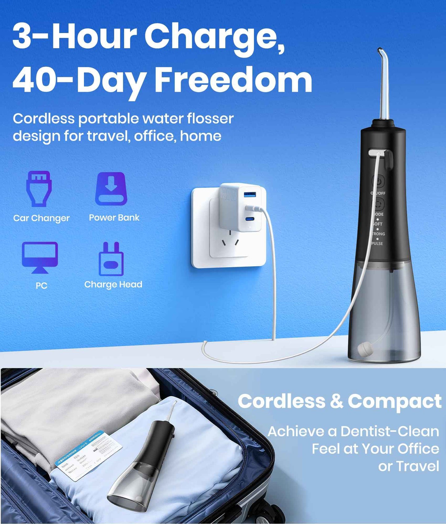 Water Flosser, 300ML Portable Cordless Water Dental Flossers for Teeth Deep Cleaning, IPX7 Waterproof Rechargeable Electric Oral Irrigator Teeth Pick for Travel Home Use and Braces Care (Black)