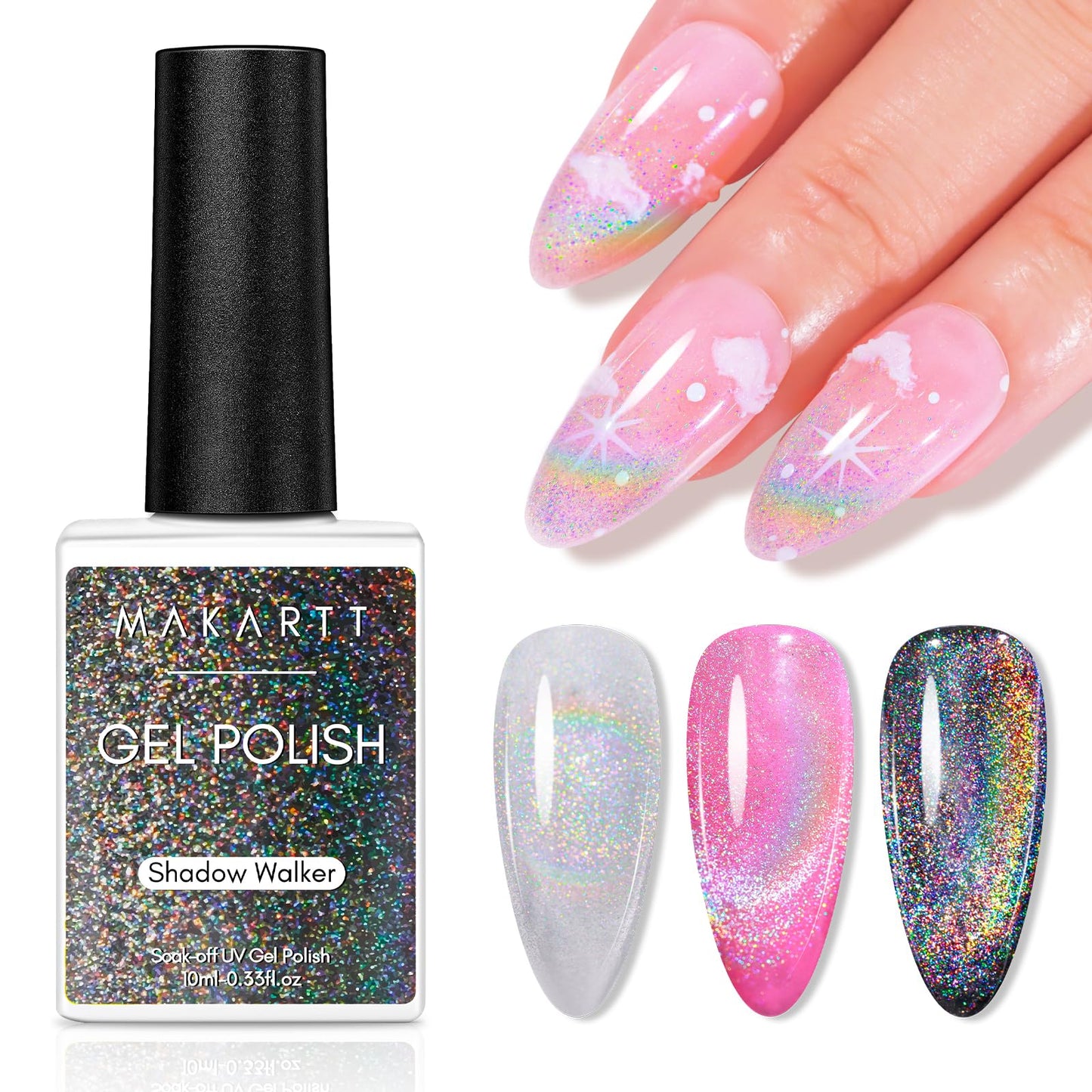 Makartt Gel Nail Polish, Universal Rainbow Cat Eye Gel Nail Polish 10ml Holographic 9D Sparkly Hole Cat Eye Glitter Spring Gel Polish with Magnet Stick Soak Off UV/LED Manicure Nail Art Designs