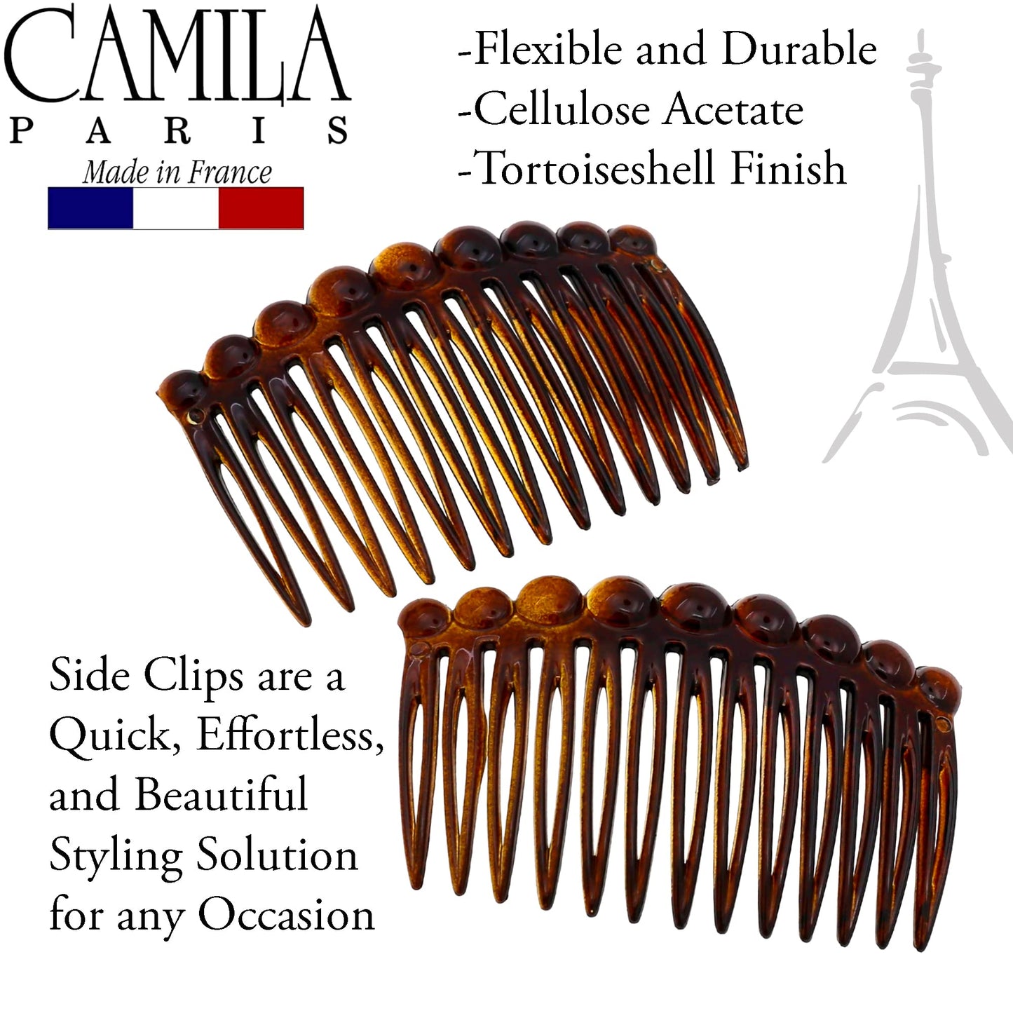 Camila Paris CP33/2 French Hair Side Comb Small Tortoise Shell French Twist Hair Combs Decorative, Strong Hold Hair Clips for Women Bun Chignon Up-Do Styling Girls Hair Accessories, Made in France