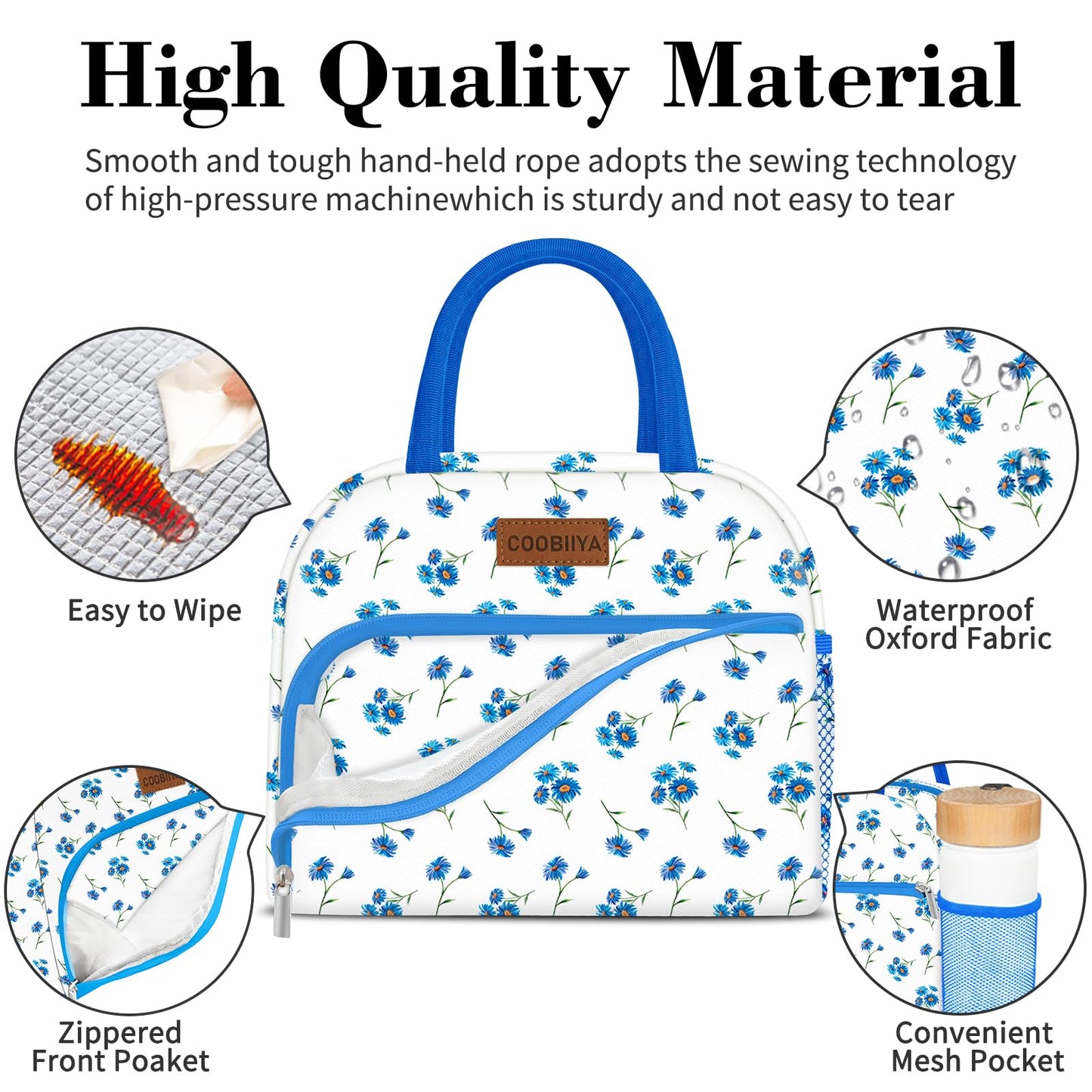 Coobiiya Lunch Bag Women, Lunch Box Lunch Bag for Women Adult Men, Small Leakproof Cute Lunch Tote Large Capacity Reusable Insulated Cooler Lunch Container for Work/Office/Picnic/Travel-Blue Daisy