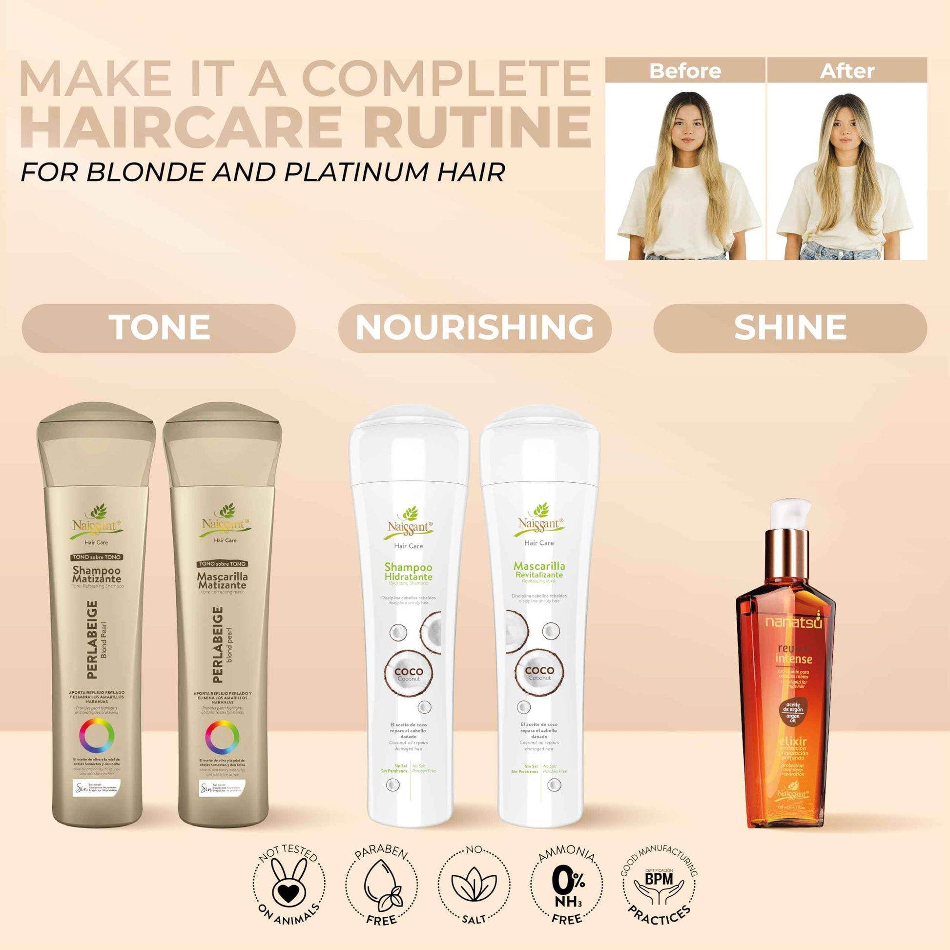Naissant Set No Yellow Shampoo, Treatment Mask and Argan Oil. Color Care,Hair Intensifier and Damage Repair. Without Salt and Parabens for Blonde Hair (Perla Beige)