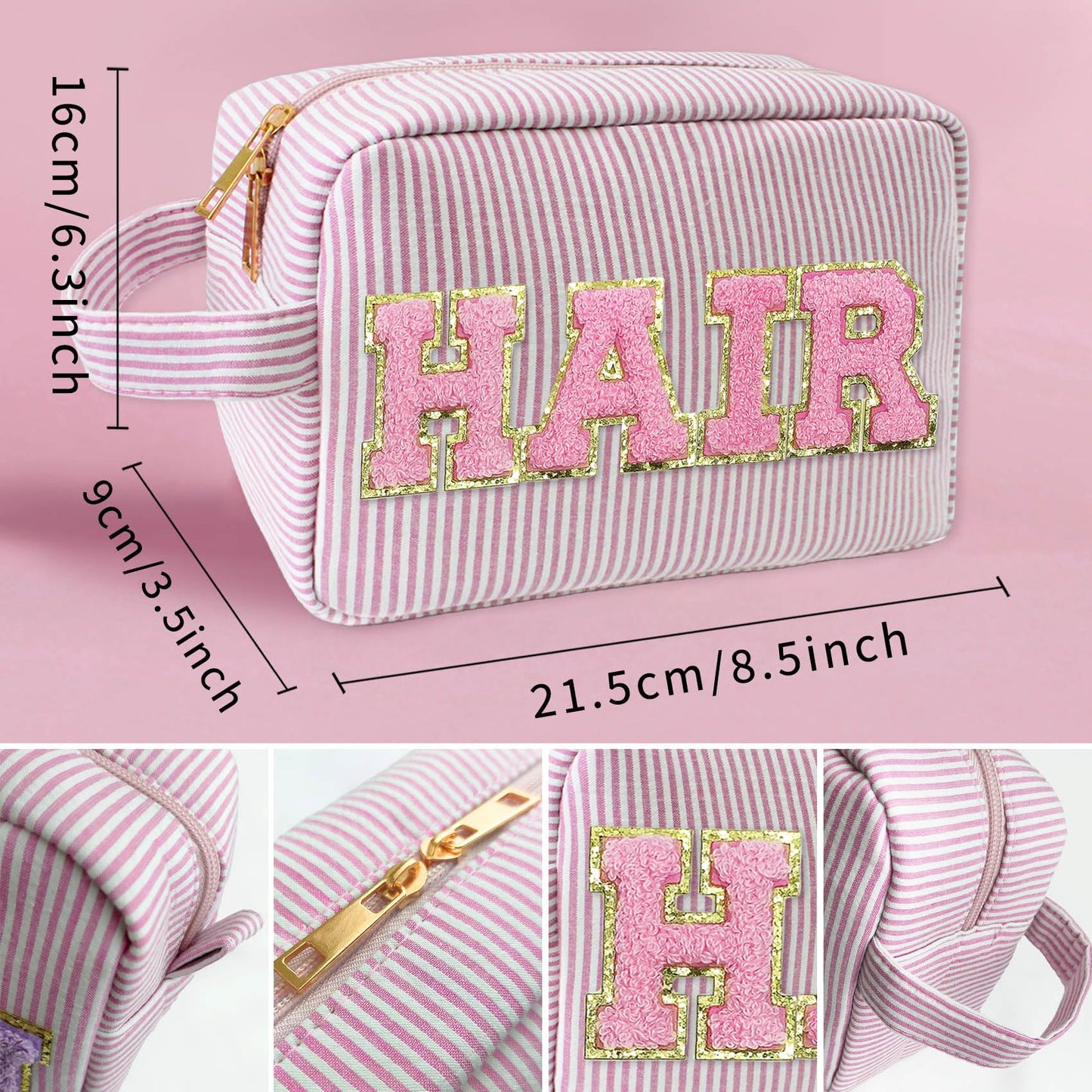 COSHAYSOO Preppy Makeup Bag with Chenille Letter Patch Large Pink Striped Seersucker Cosmetic Pouch for Teen Girl Women, Cute Travel Accessories Organizer Trendy Stuff Make Up Purse Gift (HAIR)