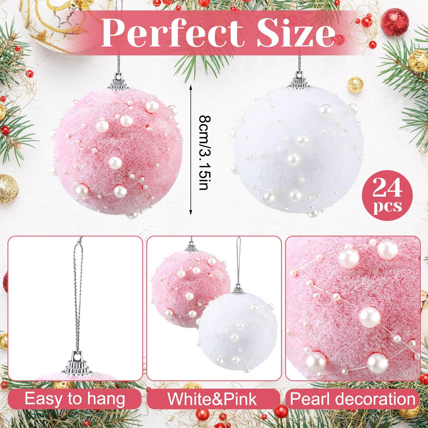 Wettarn 24 Pcs Christmas Plush Balls Ornaments 3.15" Pastel Christmas Ball Hanging Decorations Pink and White Pearl Balls Ornaments for Christmas Tree Snowball Holiday Wedding Party Anniversary Decor