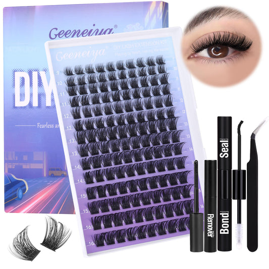 Geeneiya Mink Cluster Lashes Kit D Curl Lash Extension Kit 9-16mm Cluster Eyelash Extensions Kit Natural Individual Lashes with Waterproof Lash Bond and Seal, Lash Remover for Clusters,Tweezers(0.05D)