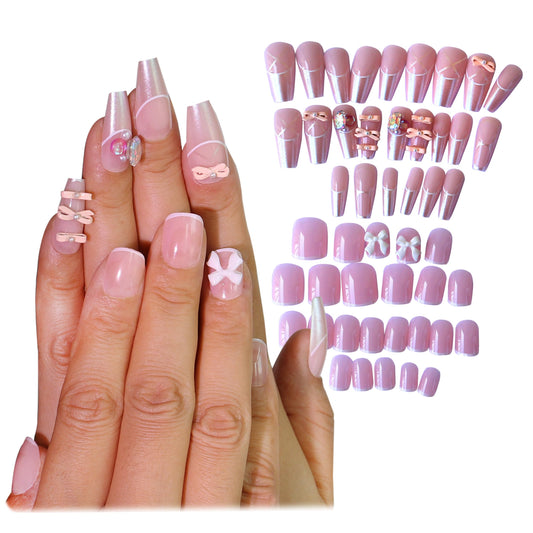 Press on Nails Kit 2 Set with Charms Gems French Tip Nails Press Ons Medium Short Rhinestone Pink Fake Nails Coffin Gel Like Glossy 3D Bow knot False Nail Manicure for Ladies Ballet 48pcs