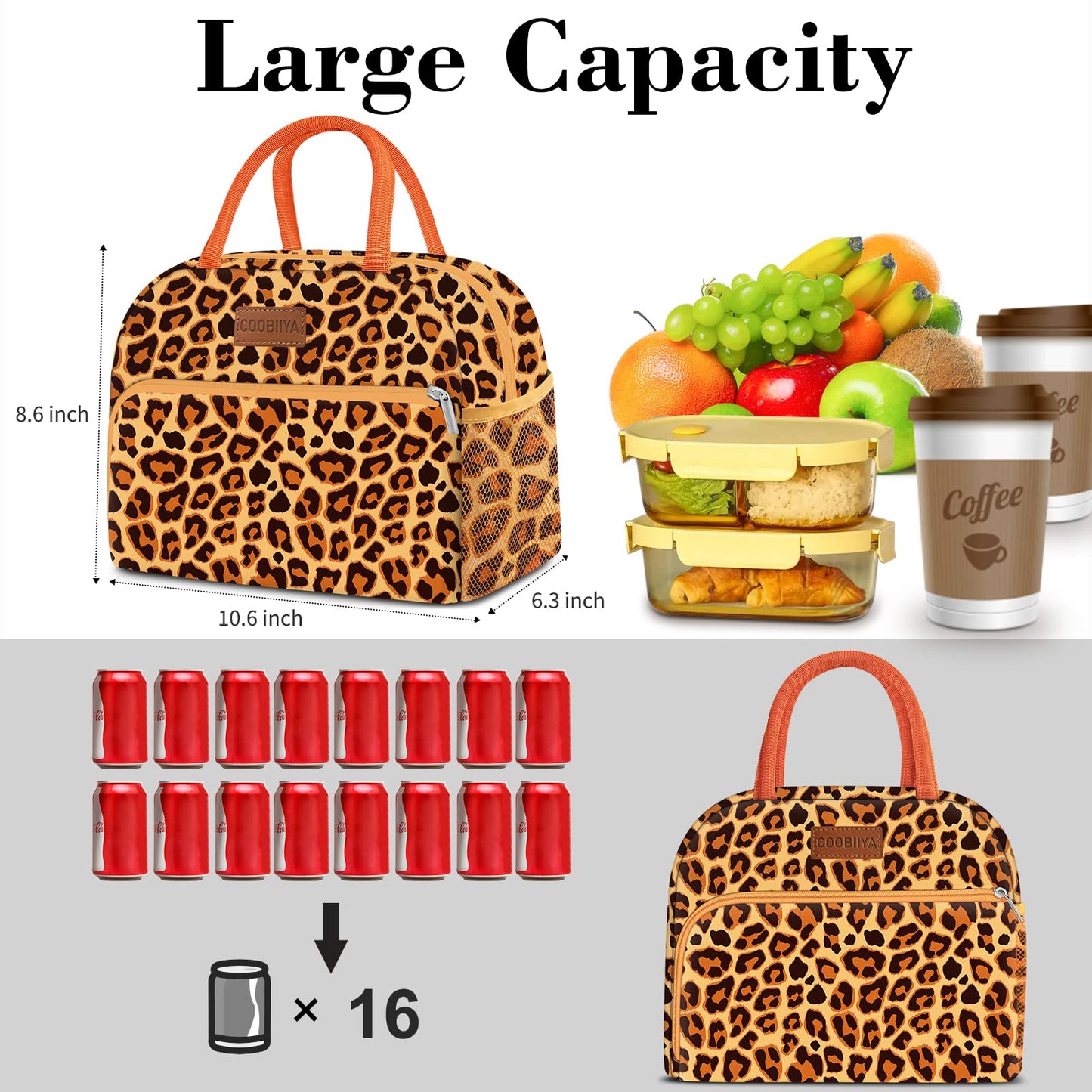 Coobiiya Lunch Bag Women, Lunch Box LunchBag for Women Adult Men, Small Leakproof Cute Lunch Tote Large Capacity Reusable Insulated Cooler Lunch Container for Work/Office/Picnic/Travel-OrangeLeopard