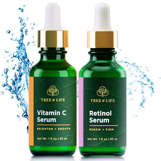 Tree of Life Facial Skin Care Set, Brightening, Firming, Hydrating, Dry Face, Dermatologist Tested - Vitamin C Serum (Brightens) + Retinol Serum (Smooths) - Skin Care Kit, 2 count of 1 Fl Oz