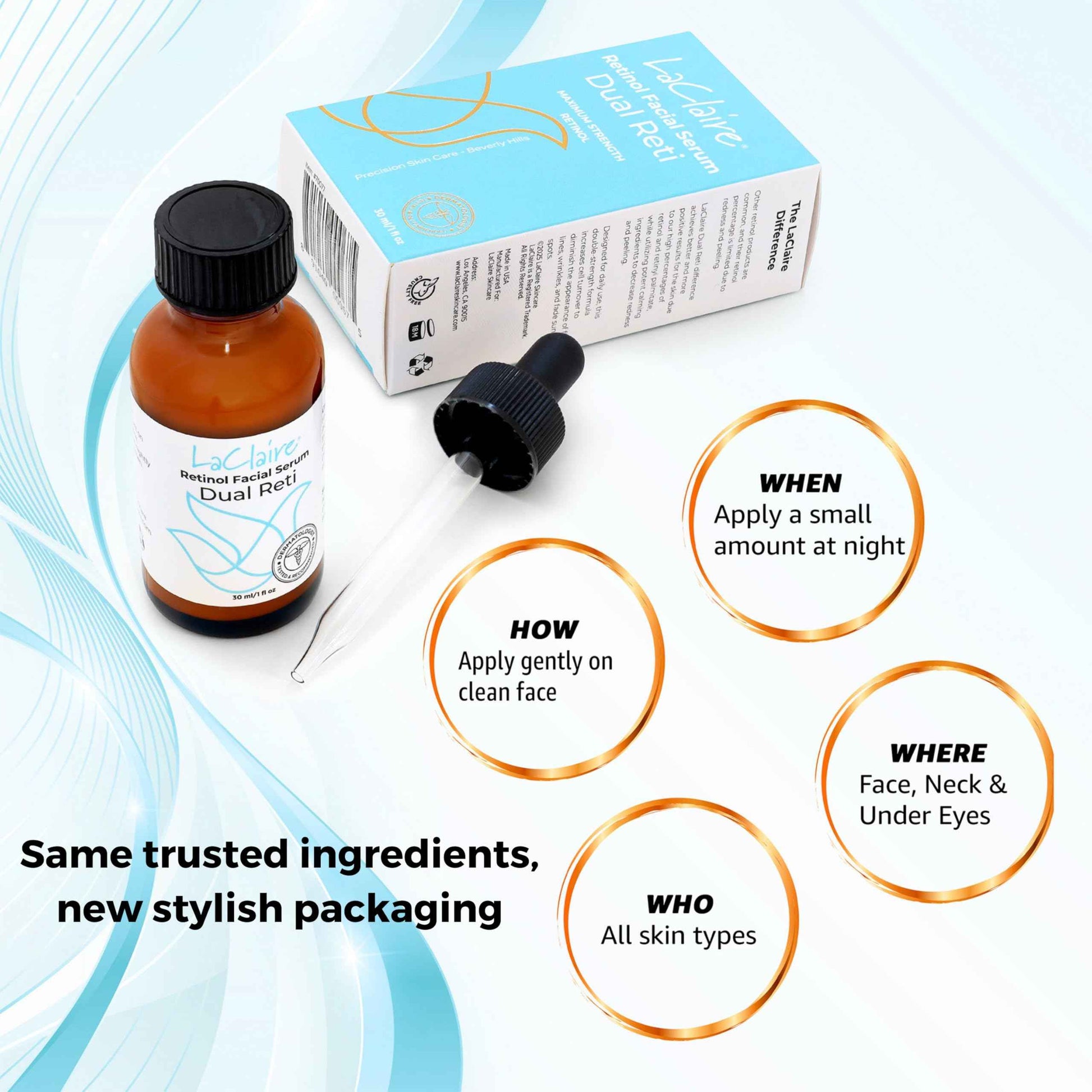 LaClaire Skincare Duo: 1 Unit of Retinol Face Serum + 1 Unit of Vitamin C+ Serum, Anti-Aging, Brightening, Firming, Smoothing, 30 ml Each