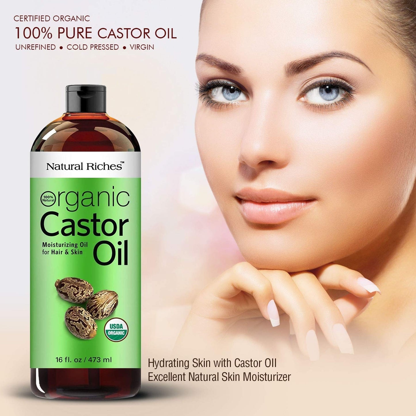 Natural Riches Organic Castor Oil - Cold Pressed and USDA Certified for Dry Skin and Hair - Moisturizes and Helps Growth for Eyelashes, Eyebrows and Hair - 16 fl. oz.