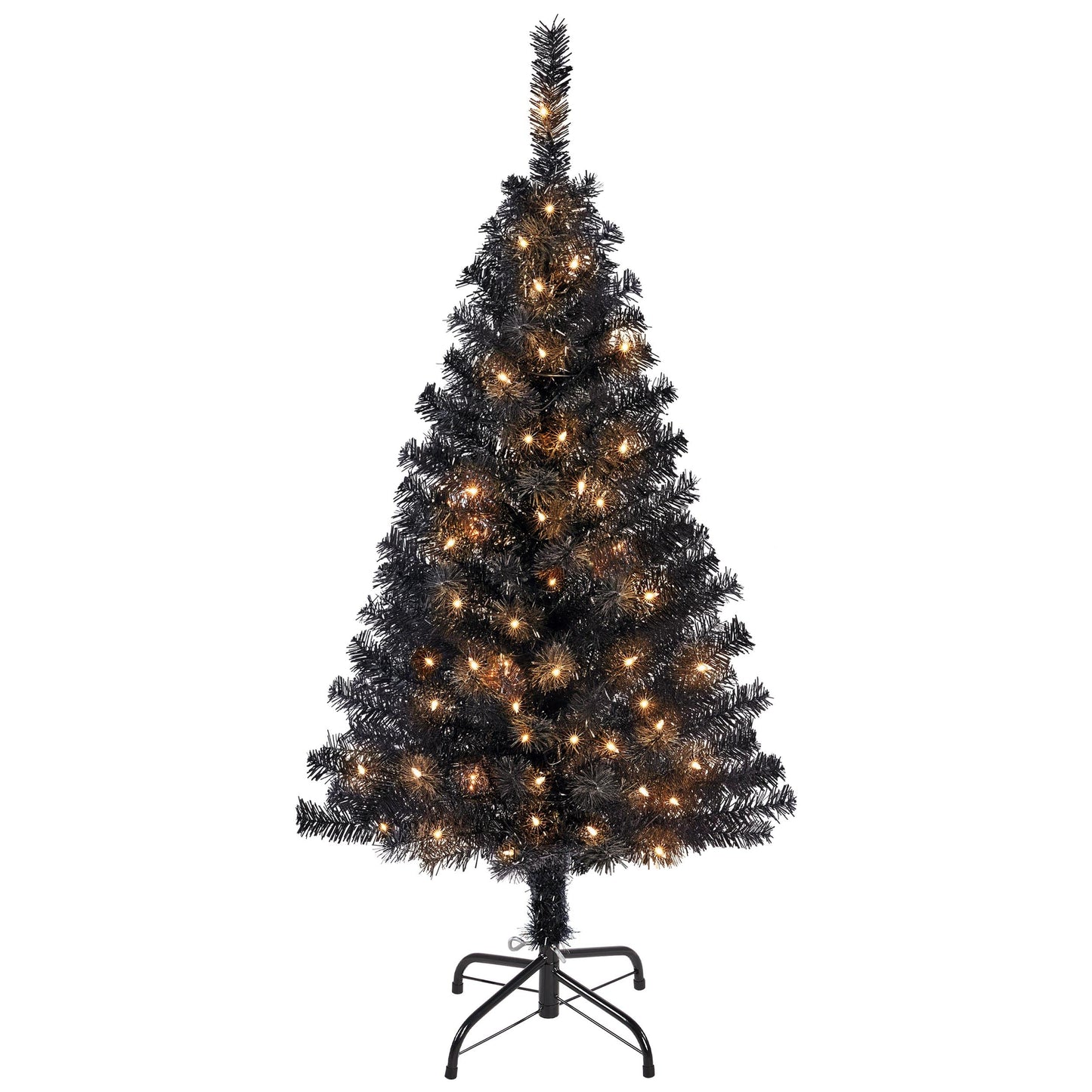 Yaheetech 4ft Pre-lit Halloween Black Spruce Artificial Hinged Christmas Pine Tree Prelighted Xmas Tree for Home Party Holiday Decoration with 70 Clear Warm White Lights and 110 Branch Tips, Black