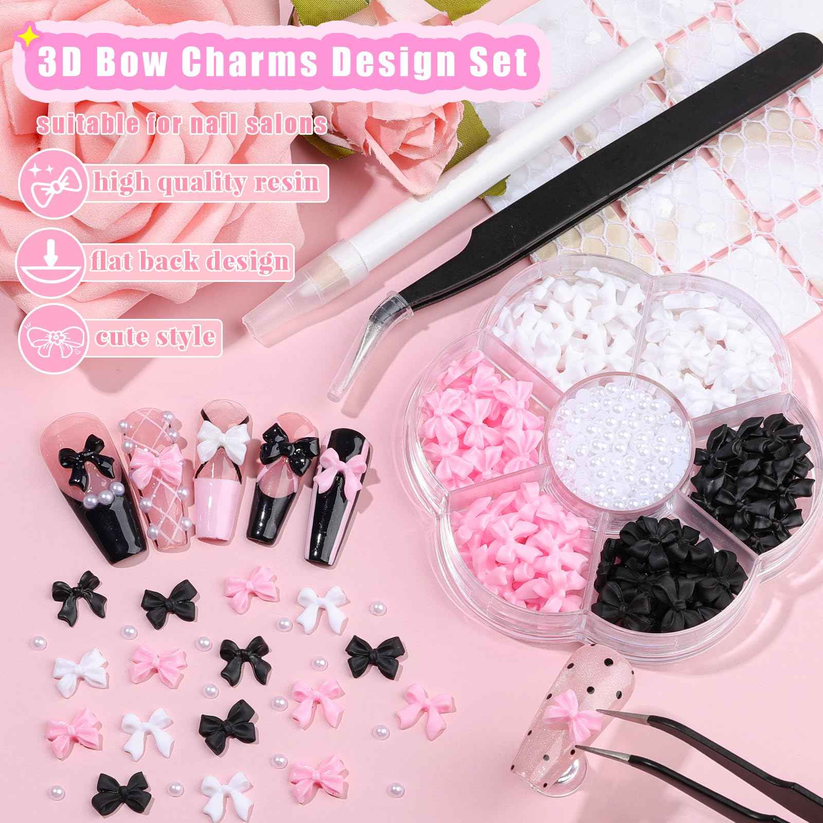 Kikonoke 420PCS Bow Nail Charms Kit with Half Pearls, 3D Acrylic Nail Gems Rhinestones, Pickup Tools for Nail Art Design, DIY Crafts, Valentine Gifts