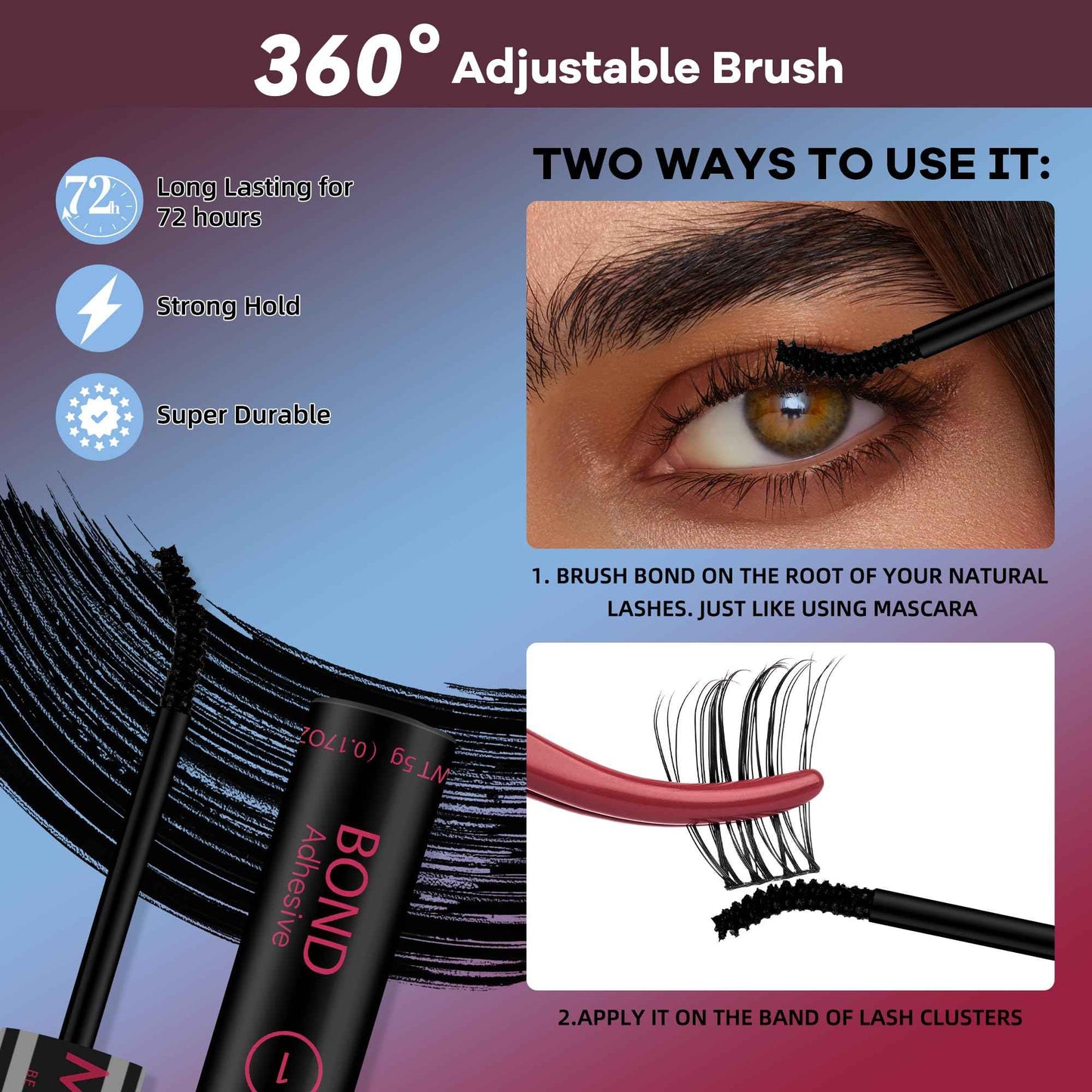 Mayhug Lash Bond and Seal Waterproof Lash Glue Long Lasting 72H Strong Hold Eyelash Glue for Clusters 2 in 1 Adhesive and Sealant DIY Lash Extension (5ml+5ml)
